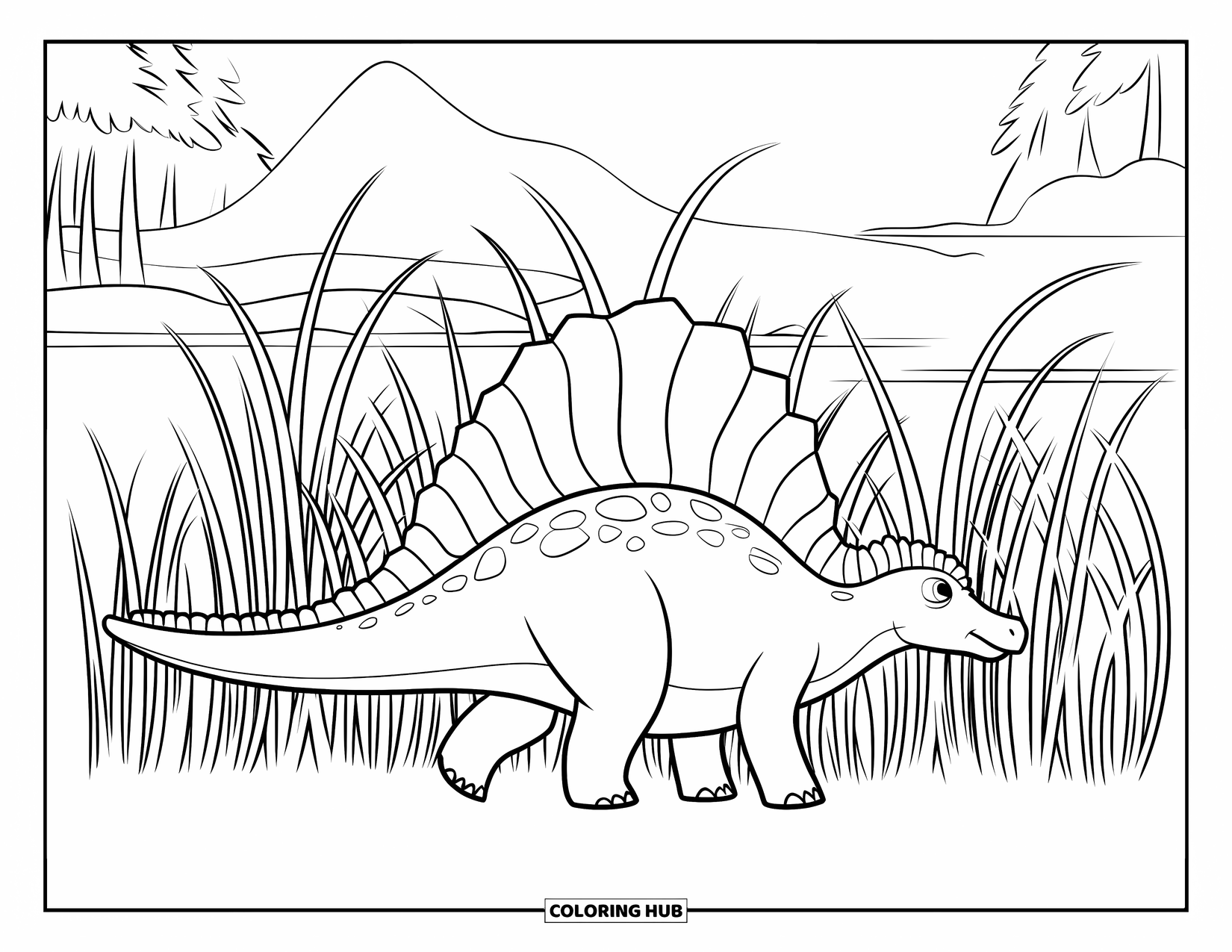 Spinosaurus Coloring Page for Kids: Spinosaurus walking through tall grasses with a sail on its back