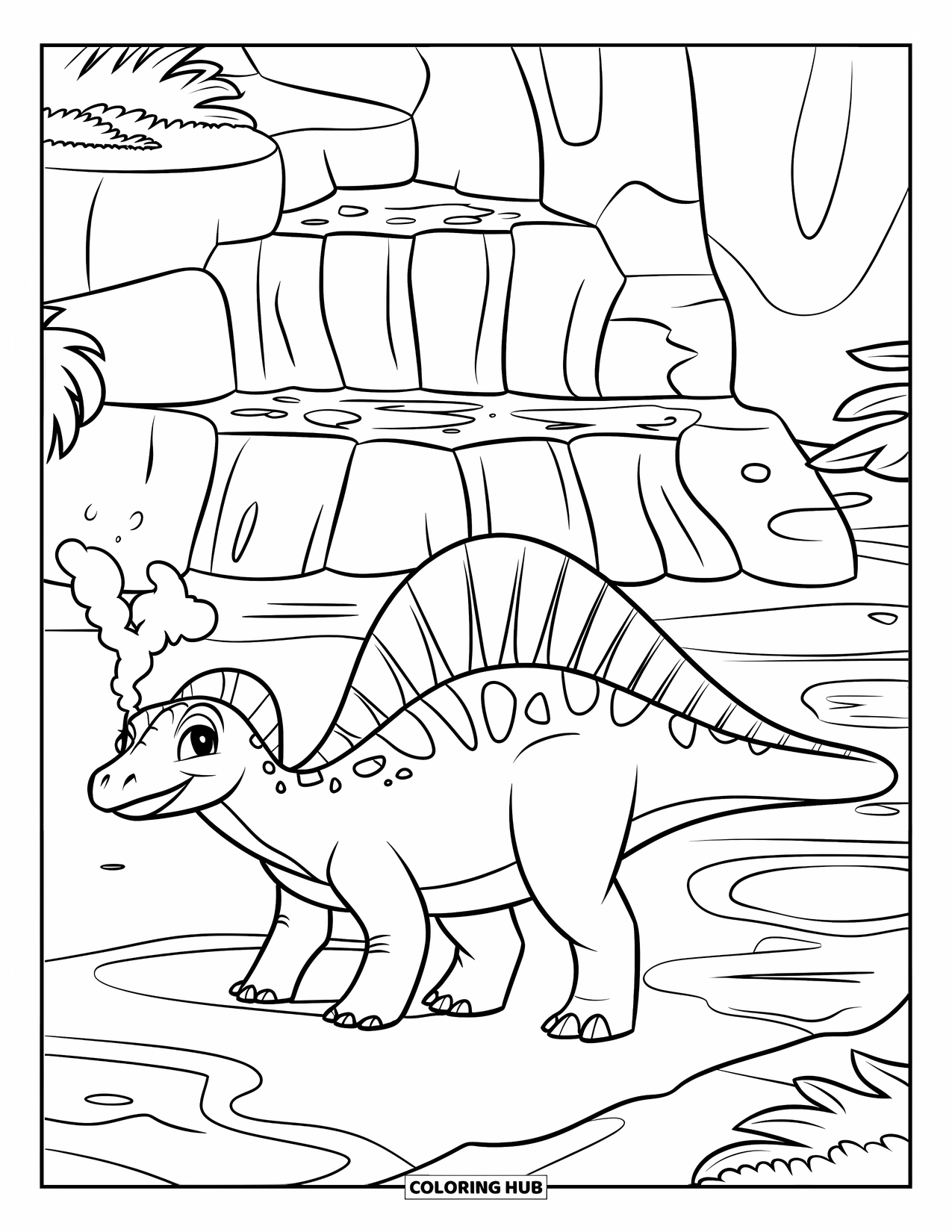 Spinosaurus Coloring Page for Kids: Spinosaurus walks past steaming hot springs in a rocky area