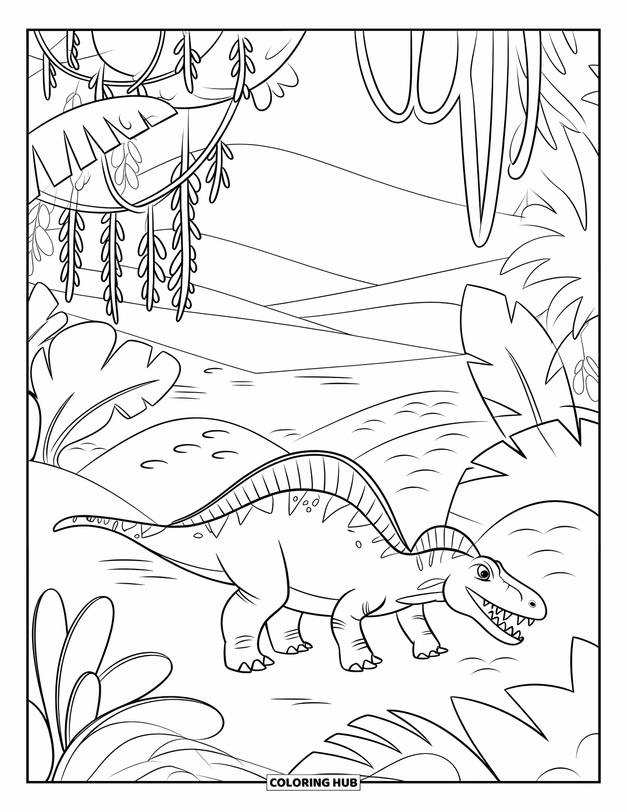Spinosaurus Coloring Page for Kids: Spinosaurus walks through lush rainforest with hanging vines and big leaves