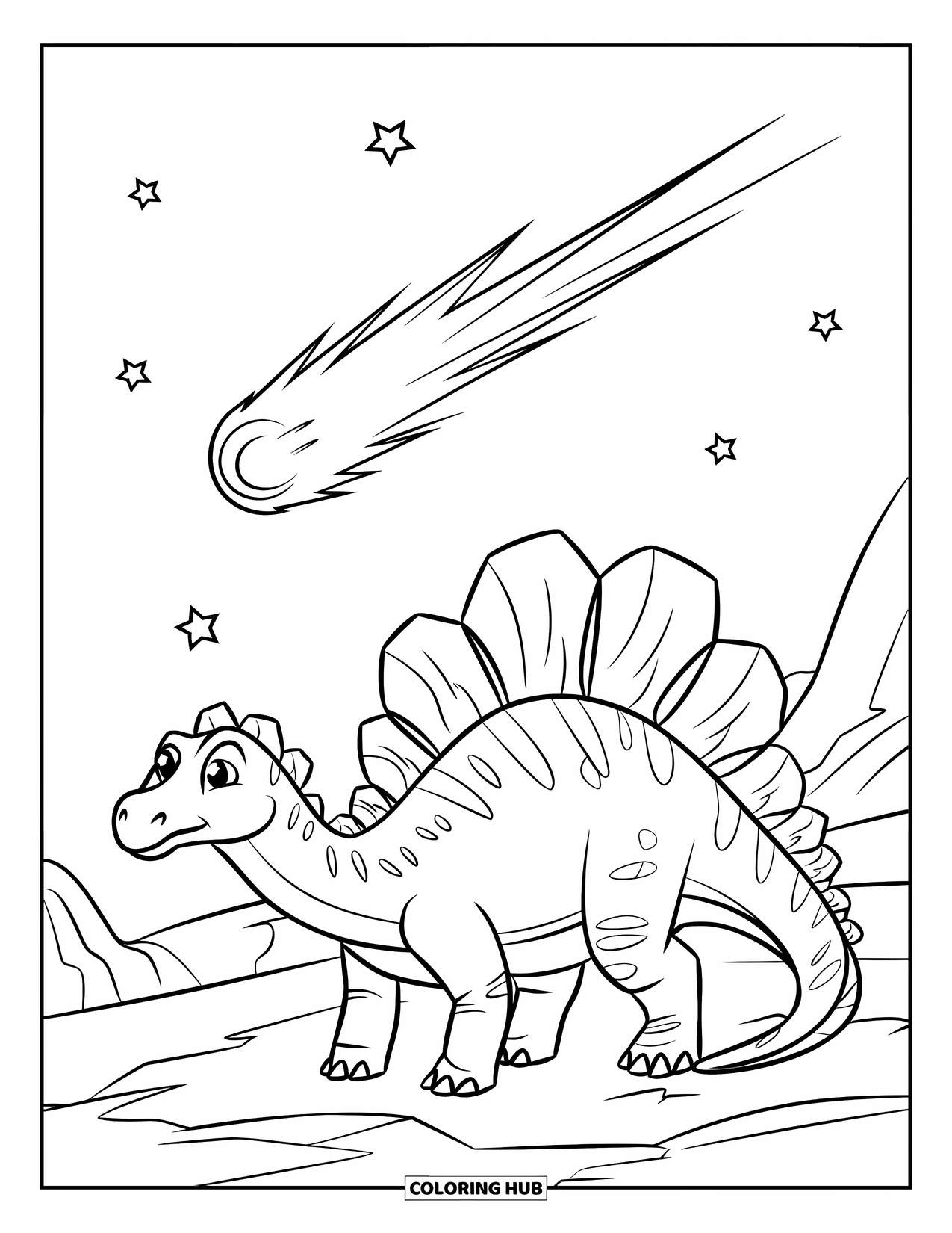 Spinosaurus Coloring Page for Kids: Spinosaurus watches a comet streak across the rocky night sky