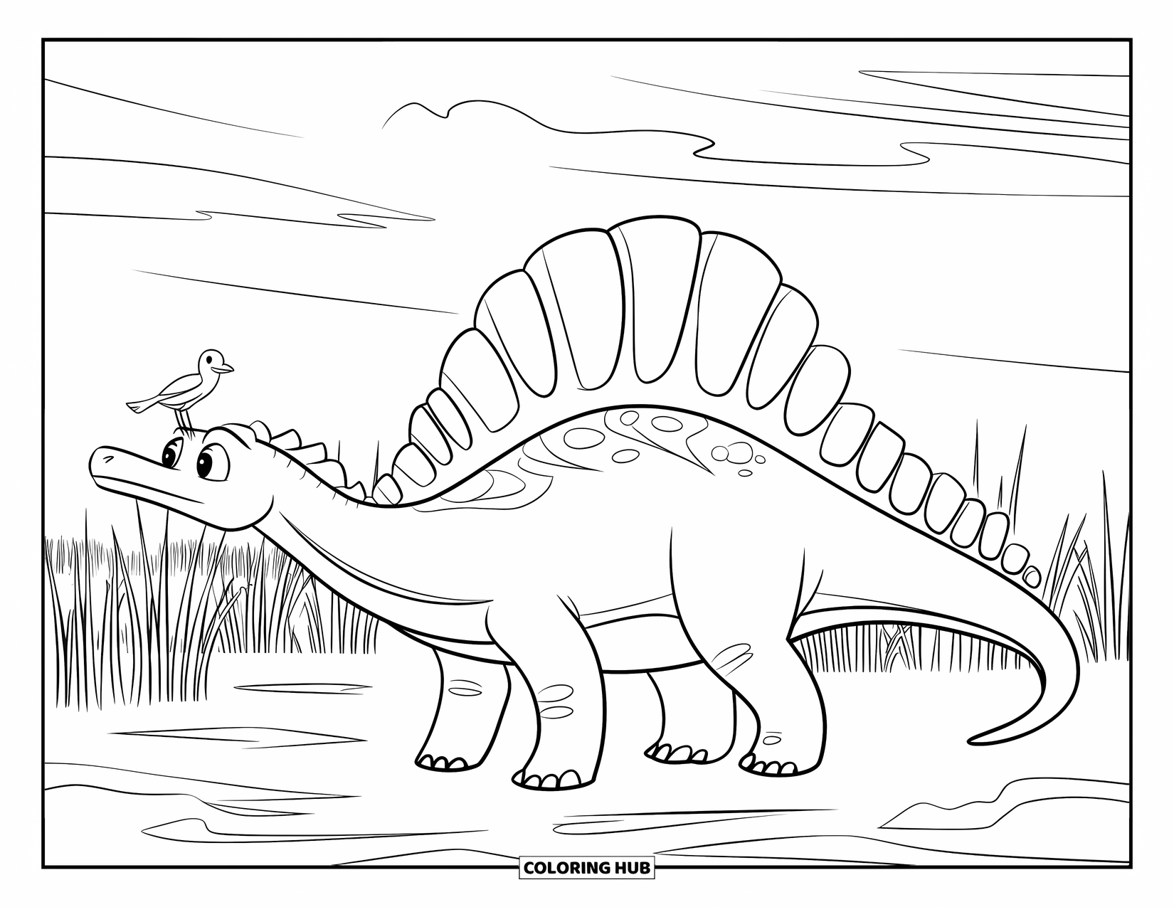 Spinosaurus Coloring Page for Kids: Spinosaurus with a bird on its snout stands by tall marsh grass