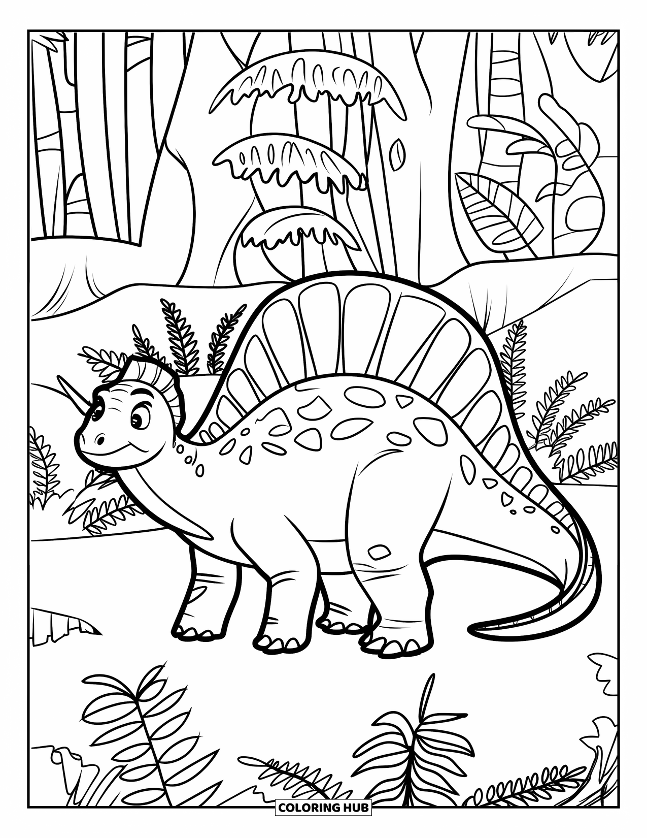 Spinosaurus Coloring Page for Kids: Spinosaurus with crest and tail spikes stands in a fern-filled forest