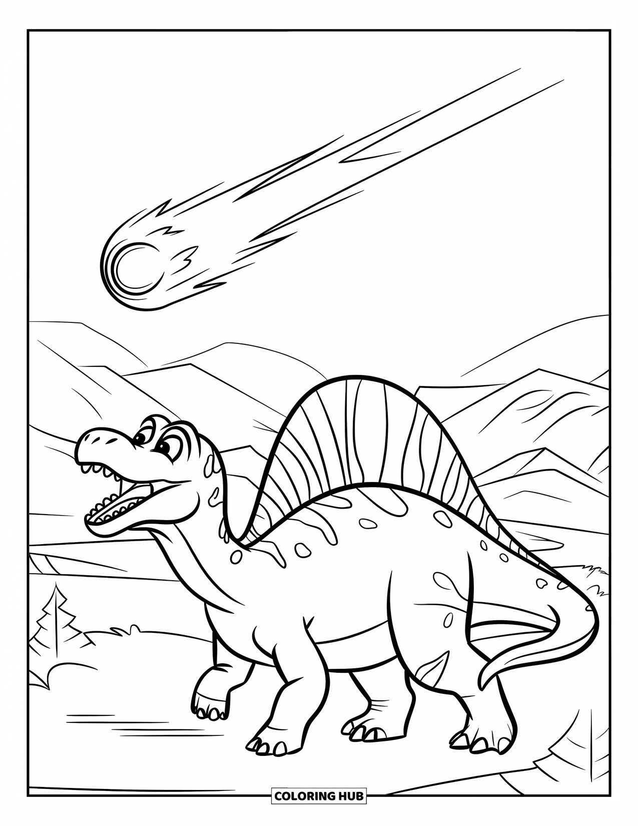 Spinosaurus Coloring Page for Kids: Spinosaurus with mouth open, staring at a comet in the sky