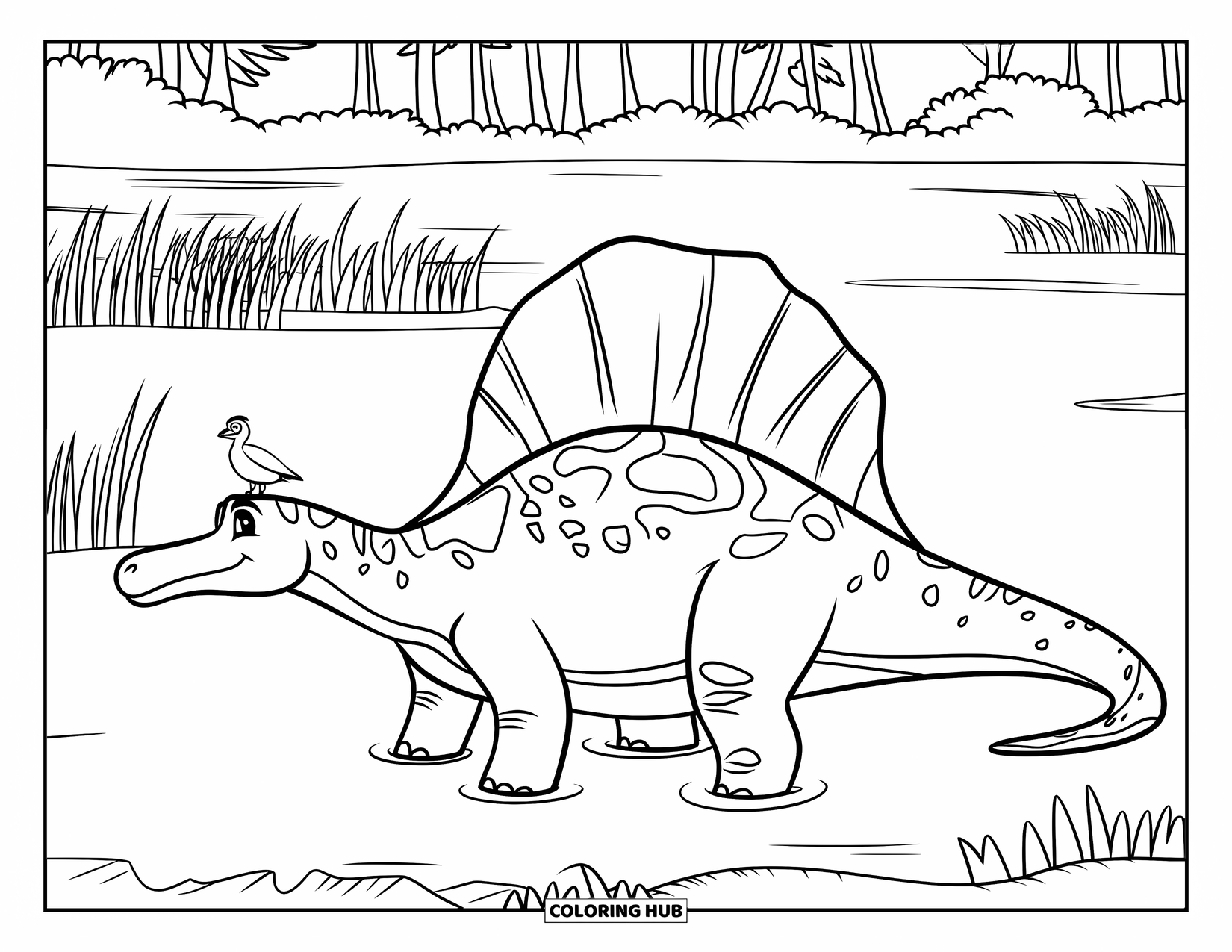 Spinosaurus Coloring Page for Kids: Spinosaurus with sail and bird on snout stands in a peaceful marsh
