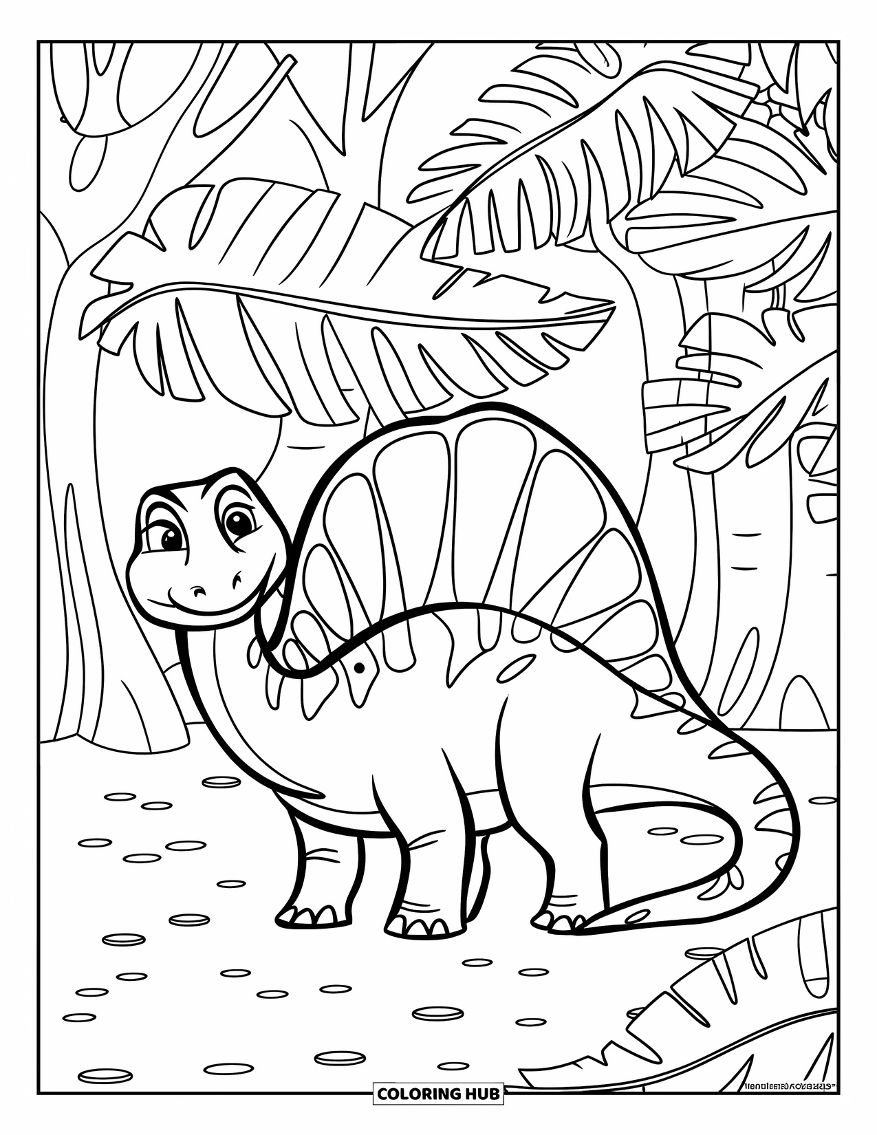 Spinosaurus Coloring Page for Kids: Spinosaurus with sail stands proud in a forest of giant ferns