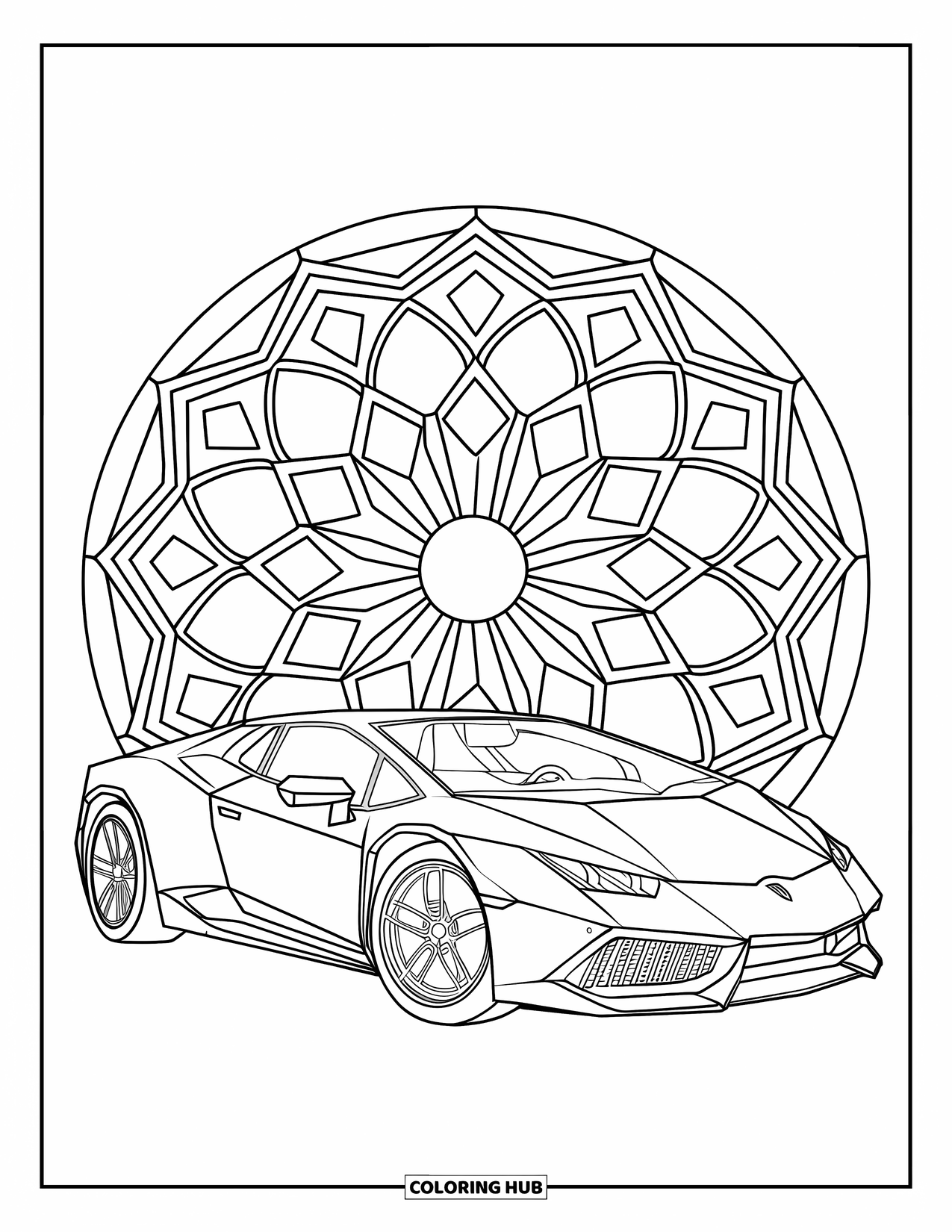 Sports Car Coloring Page for Adults: A bold sports car is paired with layered circular mandala patterns