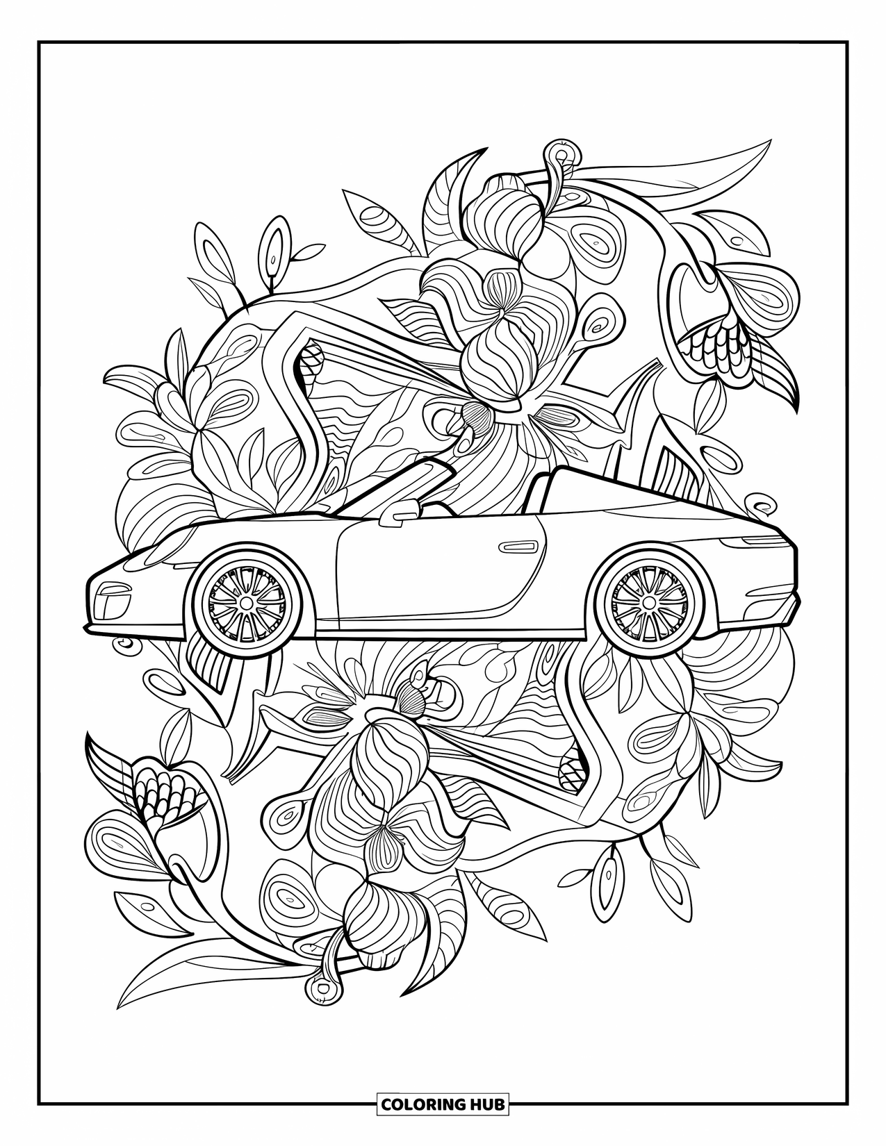 Sports Car Coloring Page for Adults: A convertible car rests among elegant floral and leafy vines