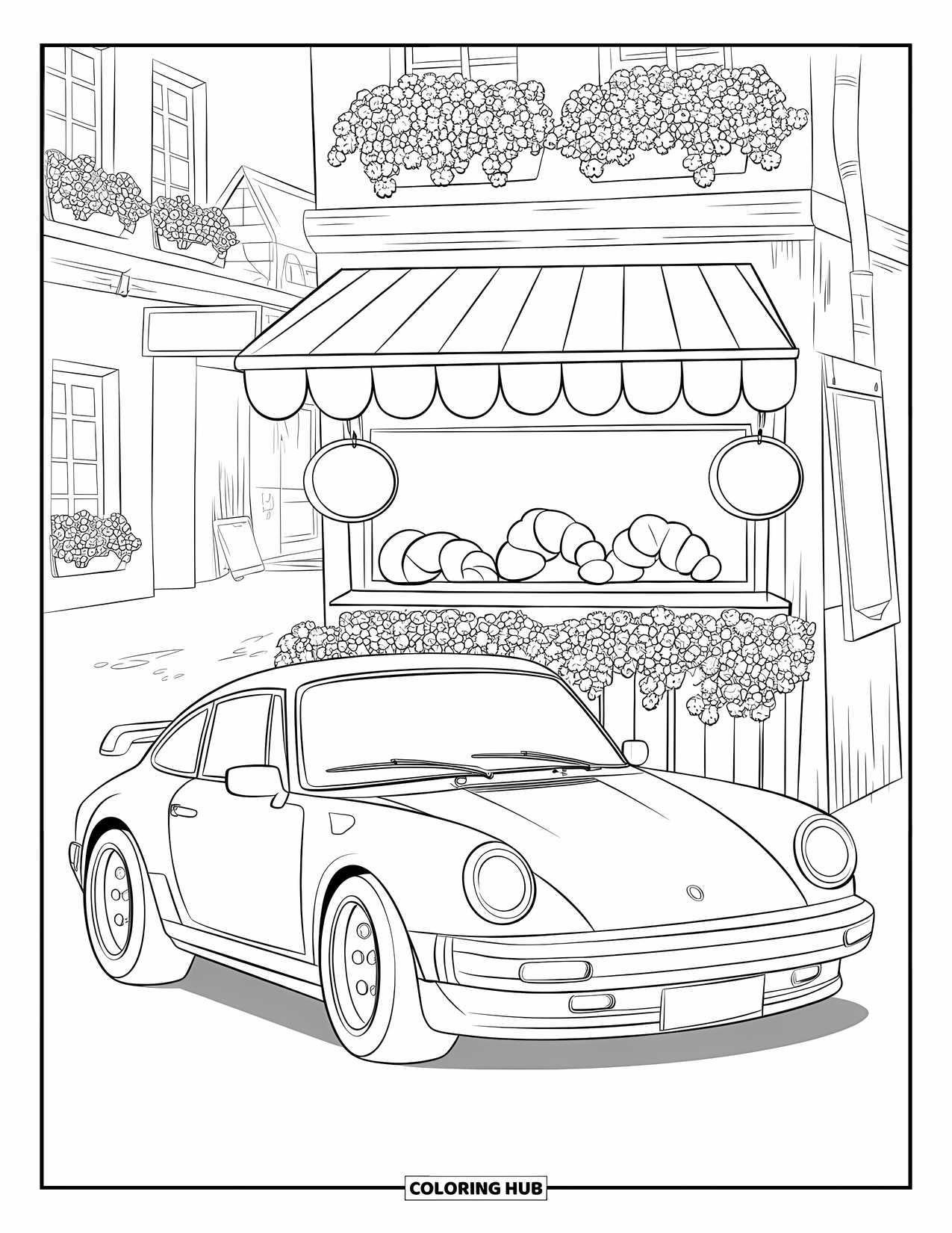 Sports Car Coloring Page for Adults: A cozy car parks in an alley filled with soft signs, croissants, and flower boxes
