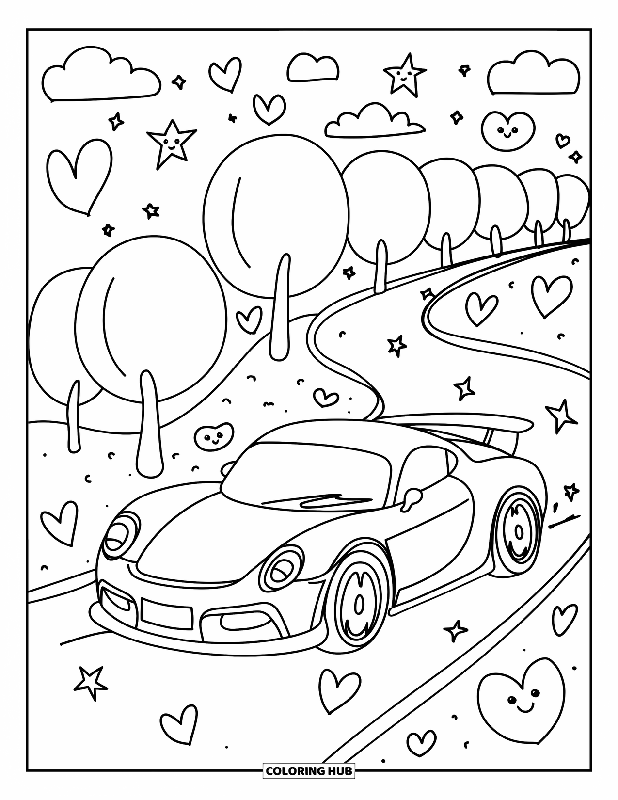 Sports Car Coloring Page for Adults: A cute car glides along a tree-lined path surrounded by floating hearts and clouds