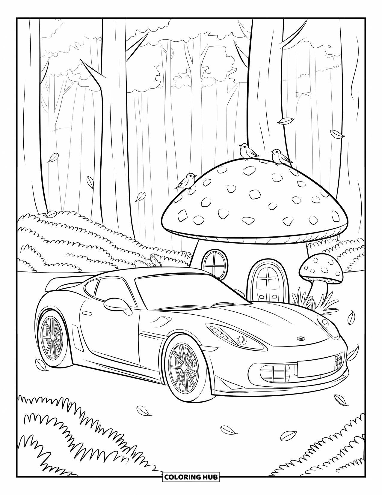 Sports Car Coloring Page for Adults: A cute car relaxes near a mushroom house in a forest of soft trees
