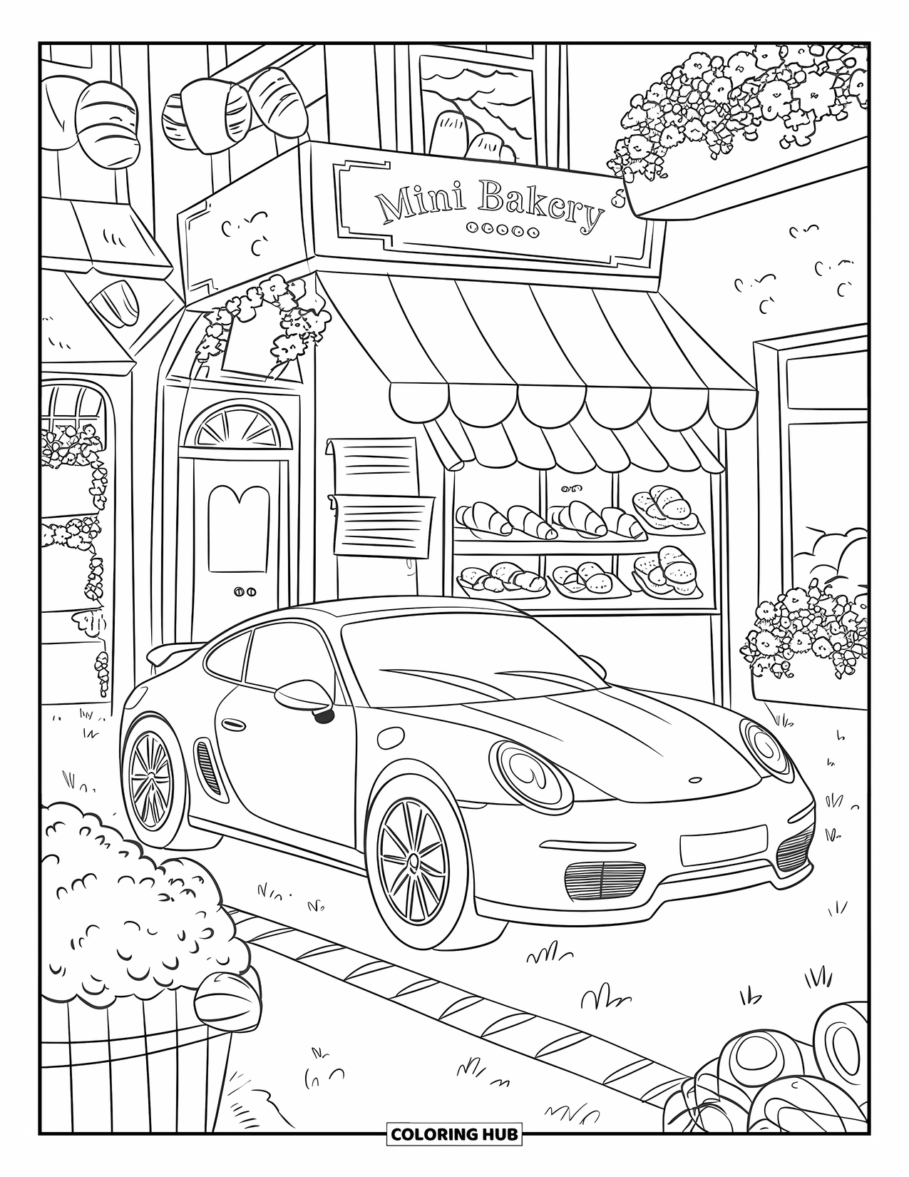 Sports Car Coloring Page for Adults: A friendly car parks near a mini bakery with croissants, flowers, and cozy signs