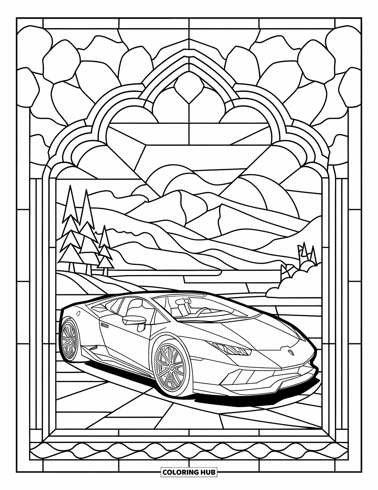 Sports Car Coloring Page for Adults: A glossy sports car appears in a windowed frame beside trees and mountains