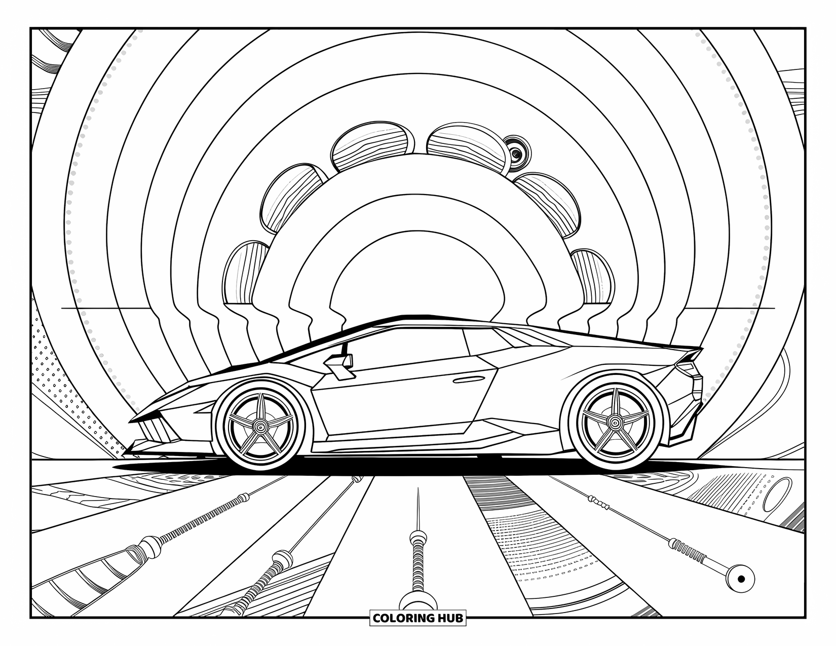 Sports Car Coloring Page for Adults: A low-profile car is encircled by dotted rings and scattered mechanical doodles