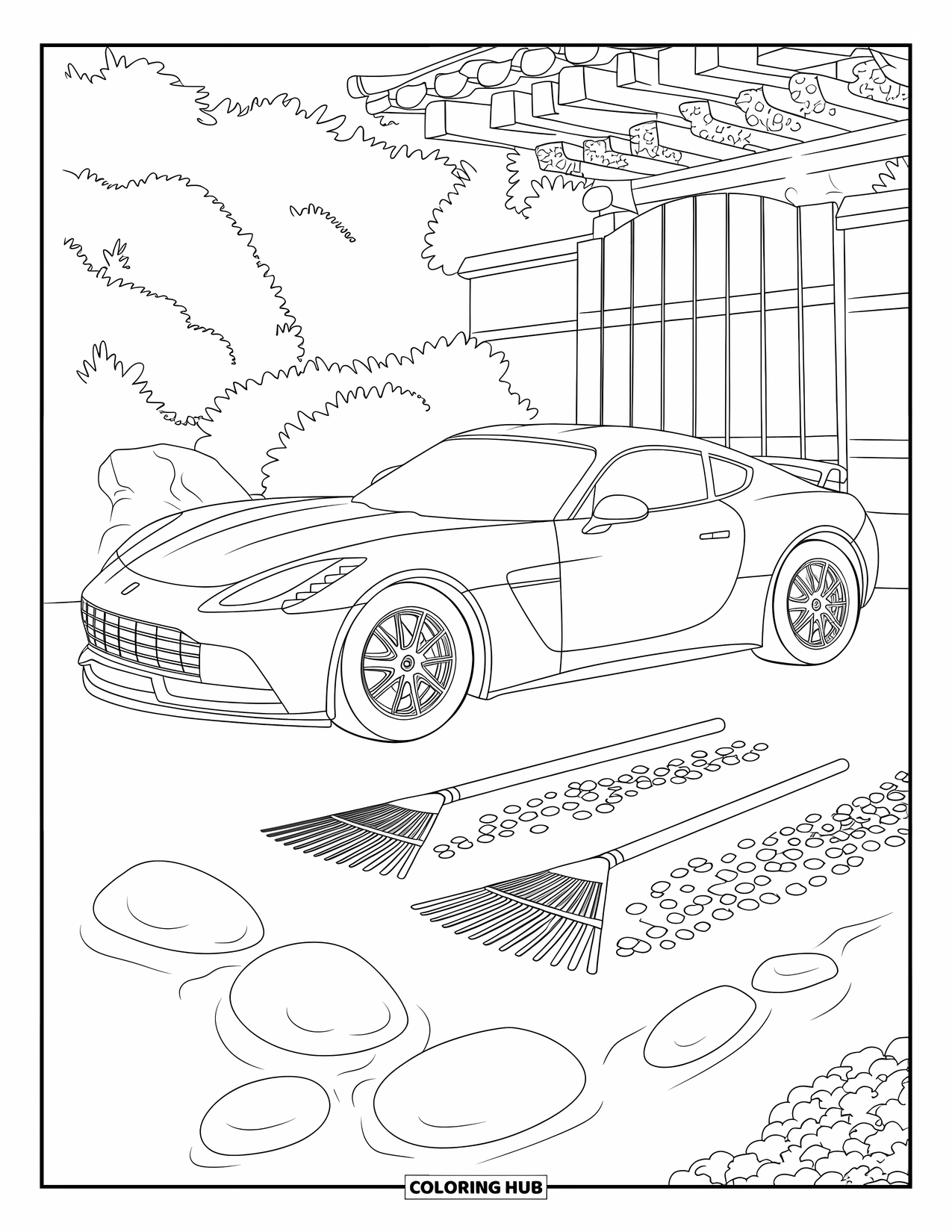 Sports Car Coloring Page for Adults: A parked sports car sits peacefully in a garden with raked patterns and stones