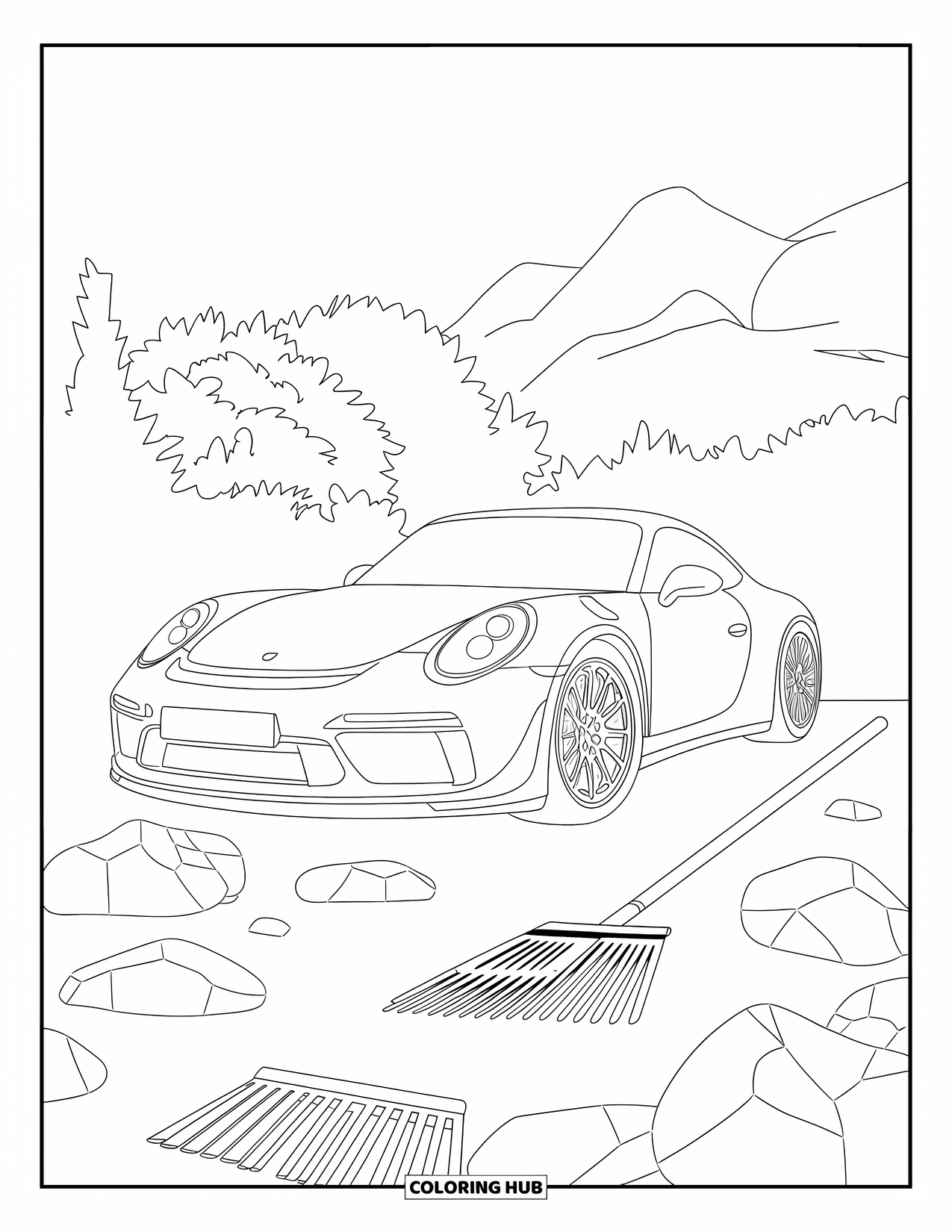 Sports Car Coloring Page for Adults: A quiet Zen garden surrounds a parked sports car beneath trees and mountains