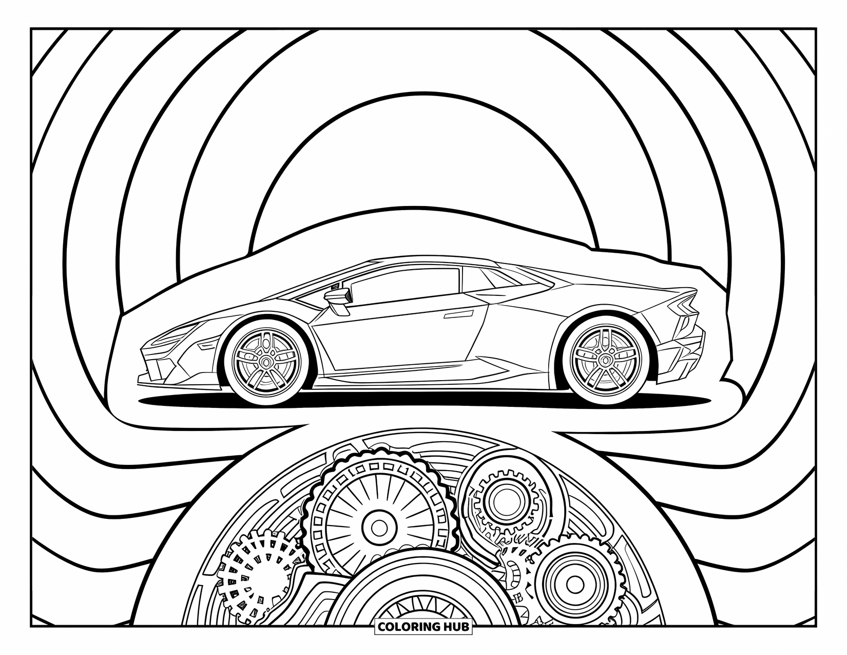 Sports Car Coloring Page for Adults: A sharp-edged sports car is surrounded by patterned gears and shrinking circles