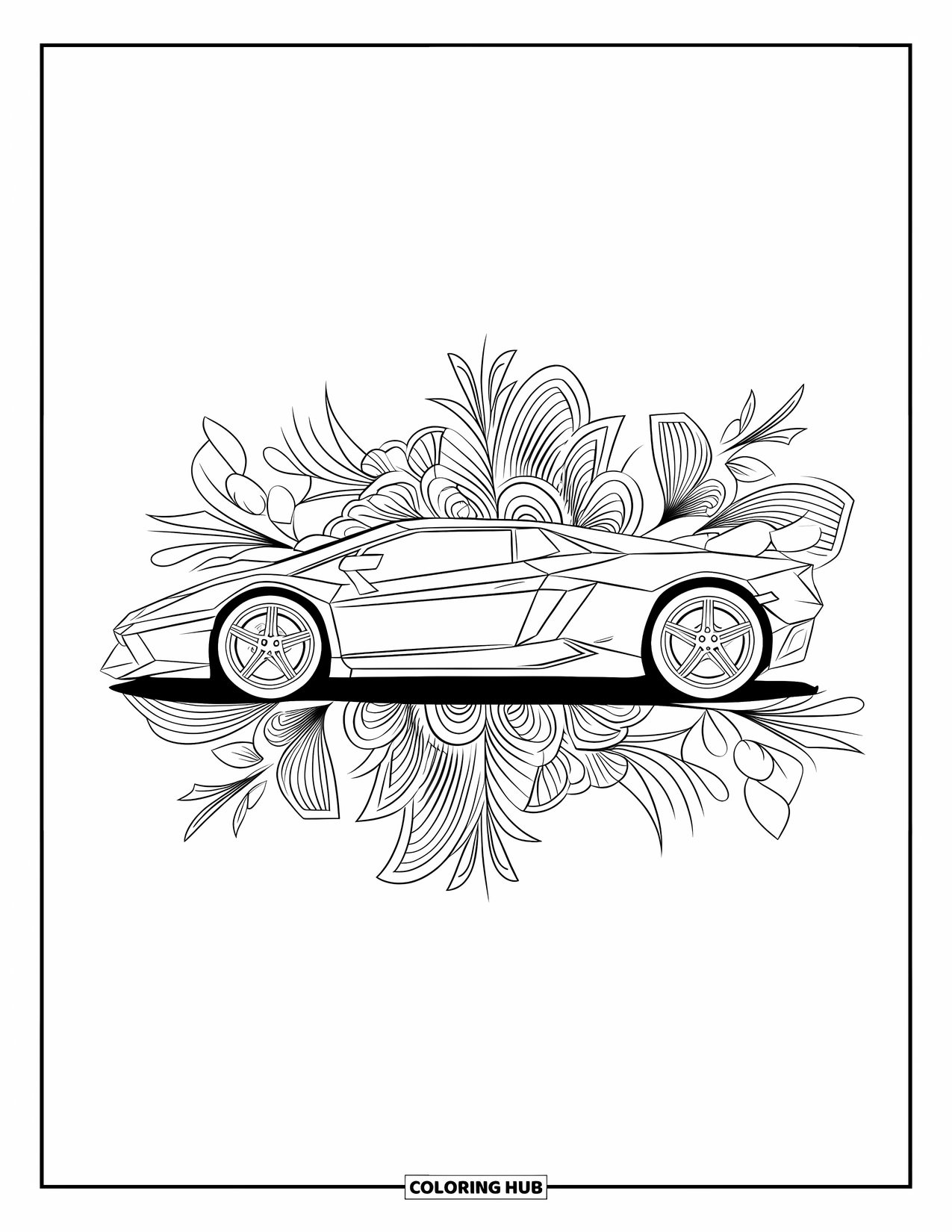 Sports Car Coloring Page for Adults: A sharp, sleek car is surrounded by swirling flowers and detailed leafy vines