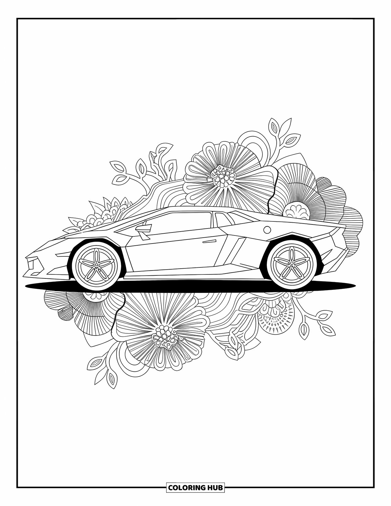 Sports Car Coloring Page for Adults: A side-view sports car stands out among flowing vines and floral swirls