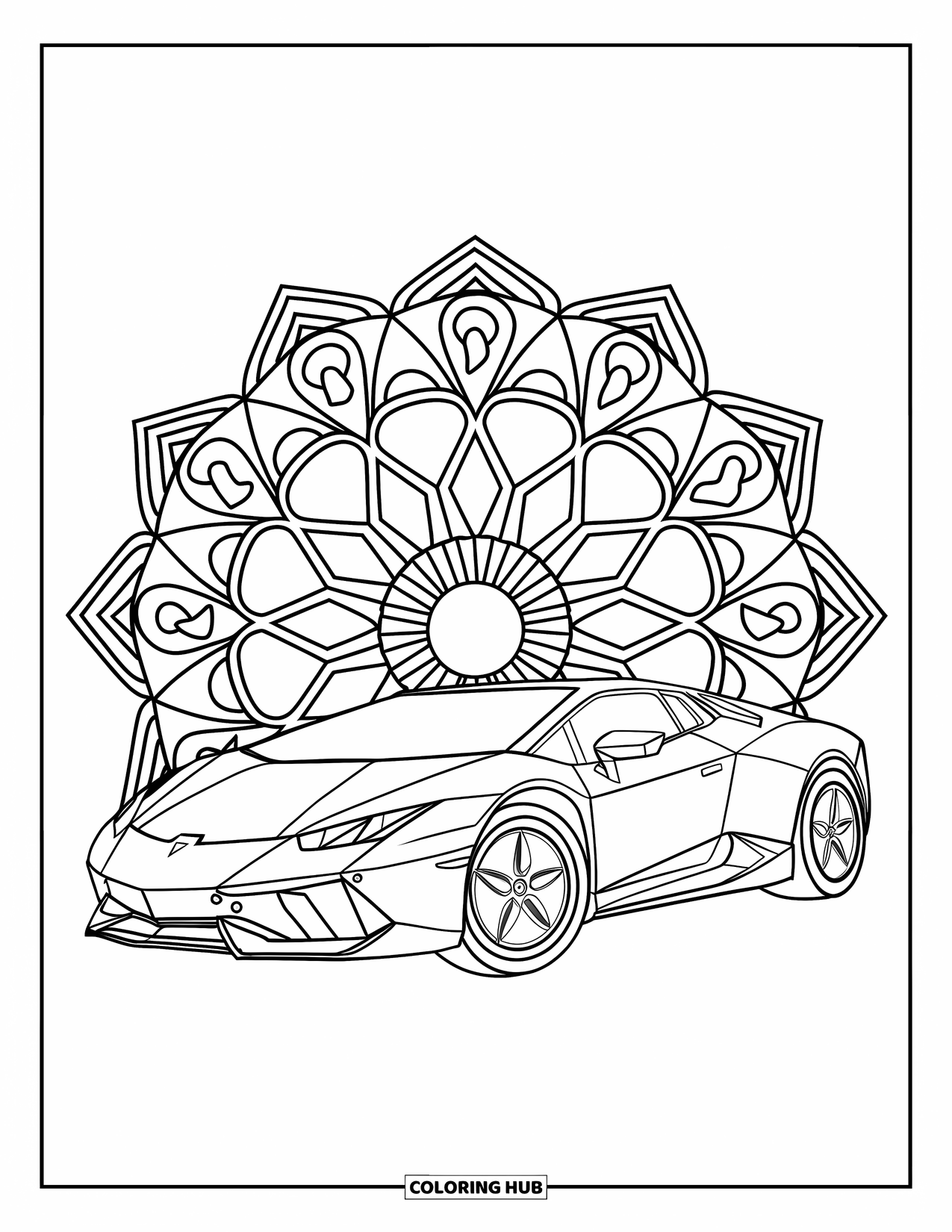 Sports Car Coloring Page for Adults: A sleek car with sharp angles rests in front of symmetrical mandala designs