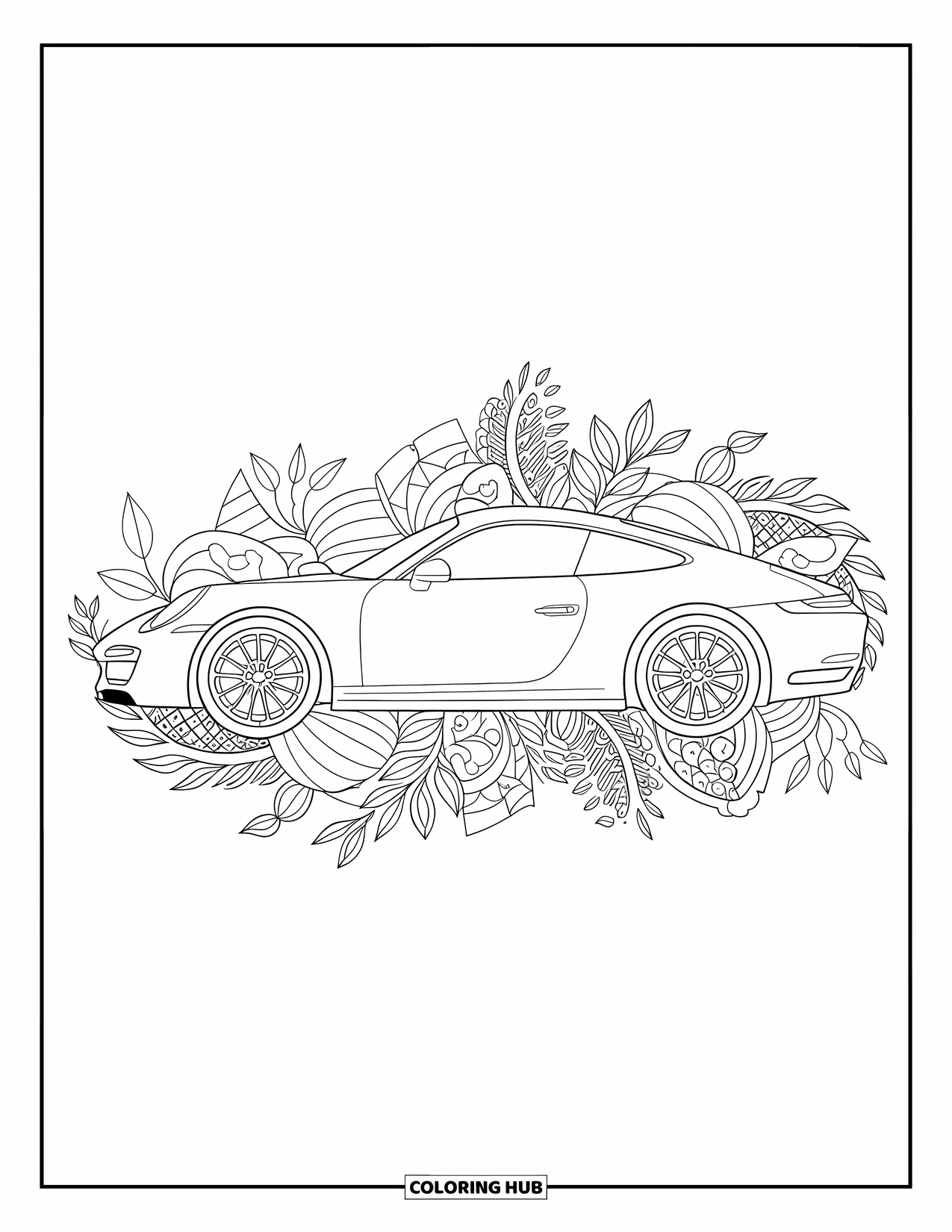 Sports Car Coloring Page for Adults: A sleek sports car is framed by swirling flowers, vines, and a decorative border