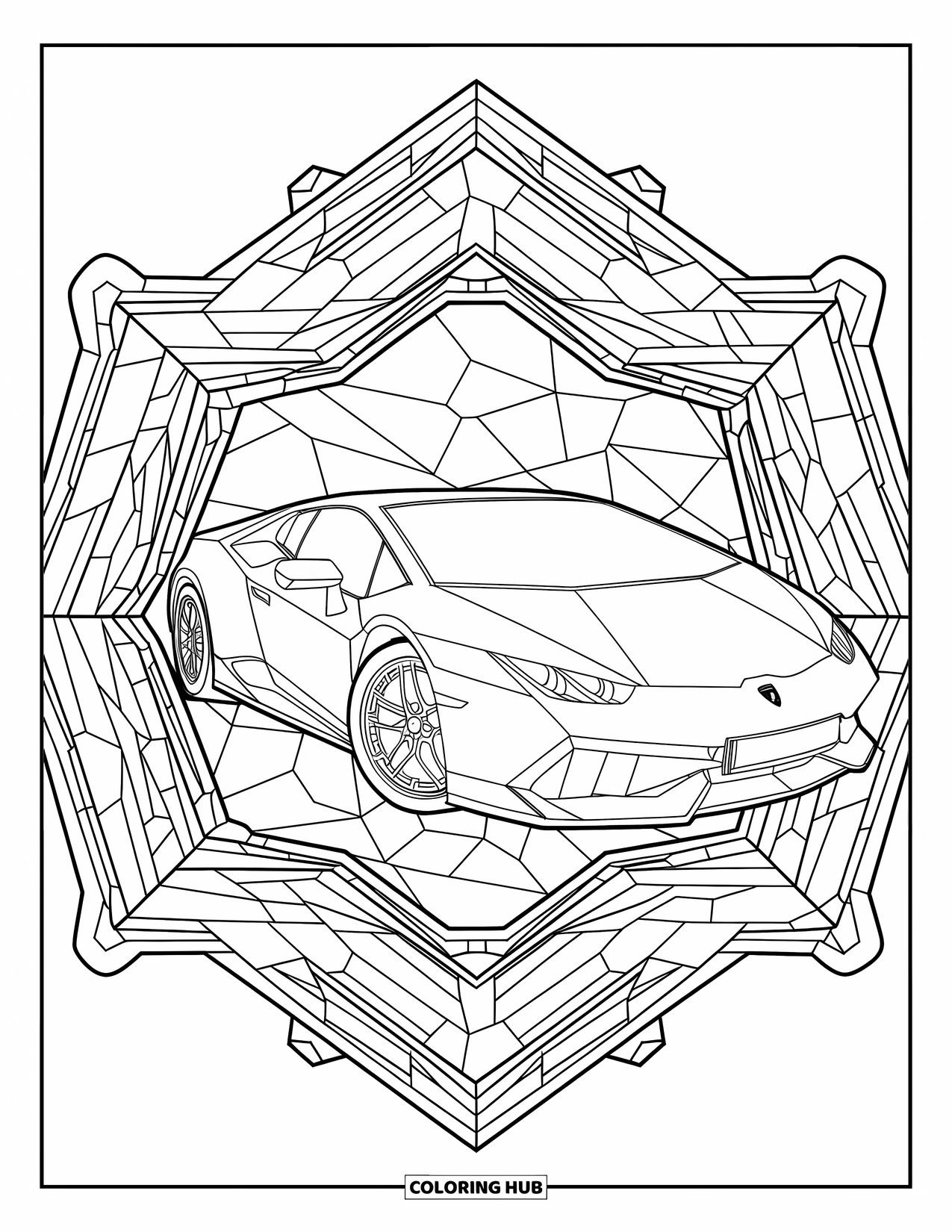 Sports Car Coloring Page for Adults: A sleek sports car shines within a sharp, stained-glass-inspired frame
