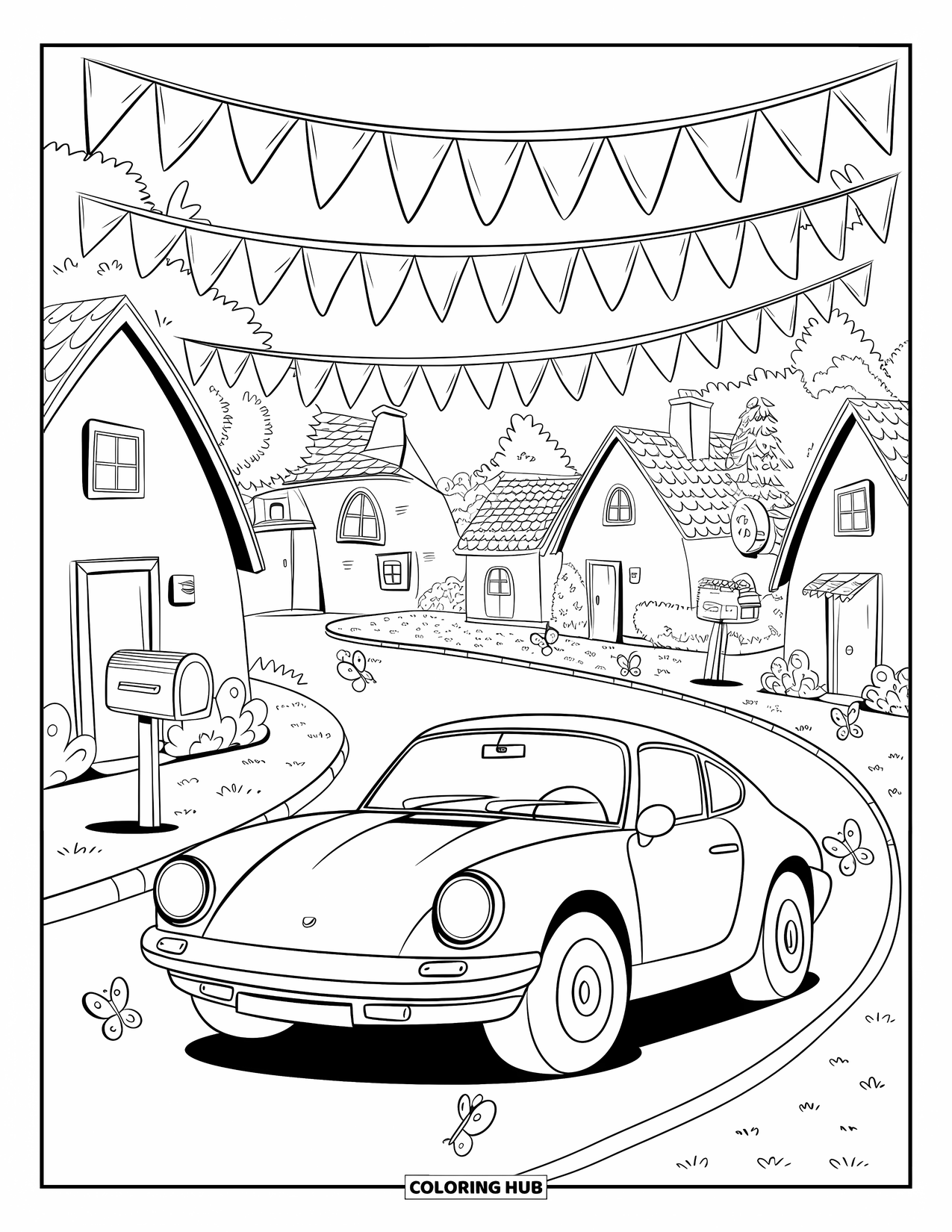 Sports Car Coloring Page for Adults: A smiling car rolls past trees, homes, and fluttering butterflies on a decorated street