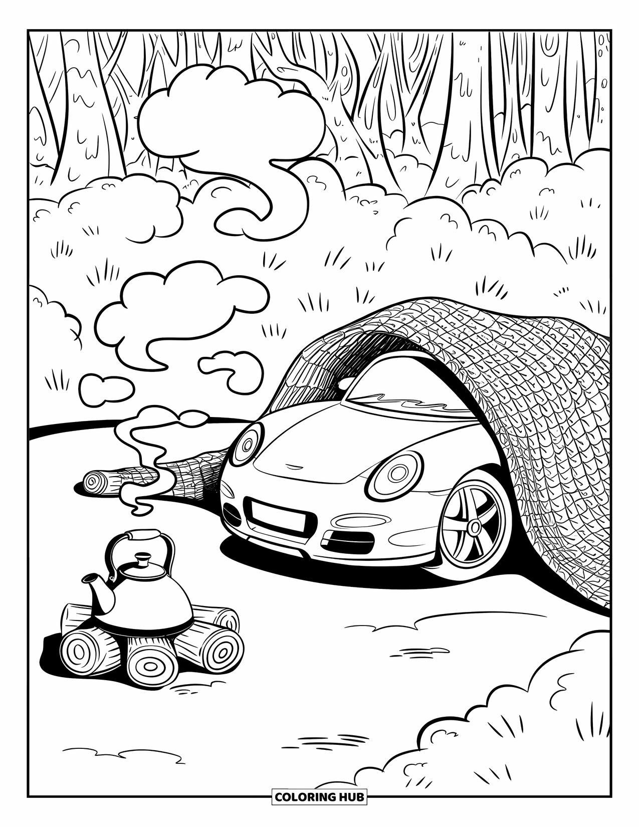 Sports Car Coloring Page for Adults: A snuggled car rests by a fire with a kettle and steam shaped like clouds