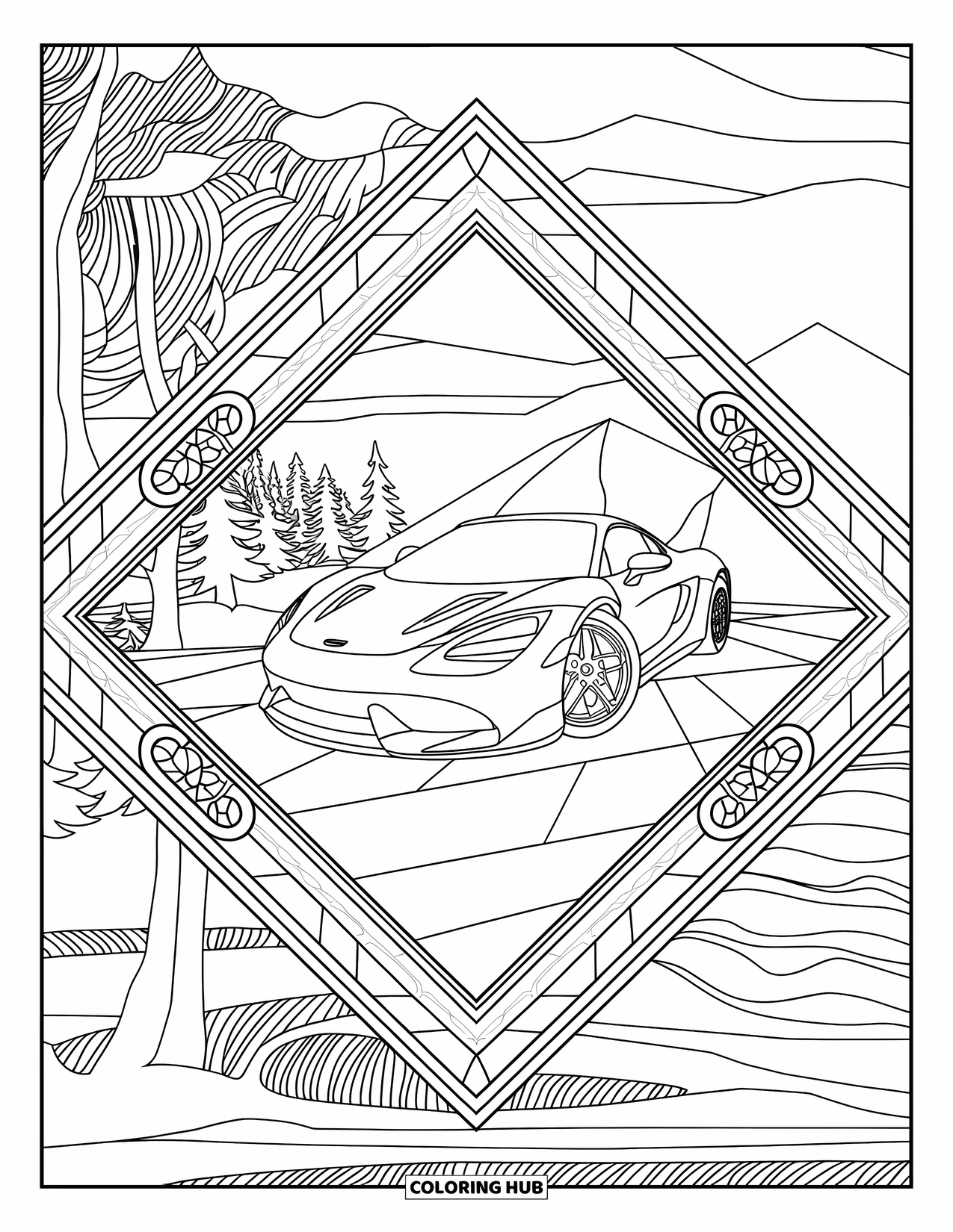 Sports Car Coloring Page for Adults: A sports car rests within a stained-glass frame against mountains and water