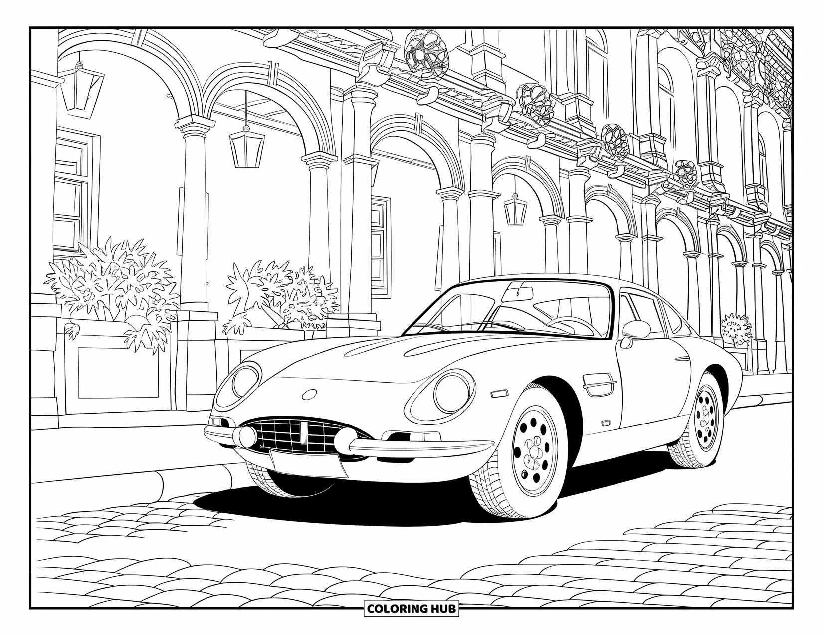Sports Car Coloring Page for Adults: A sporty car and detailed building stand near potted plants and curved stone paths
