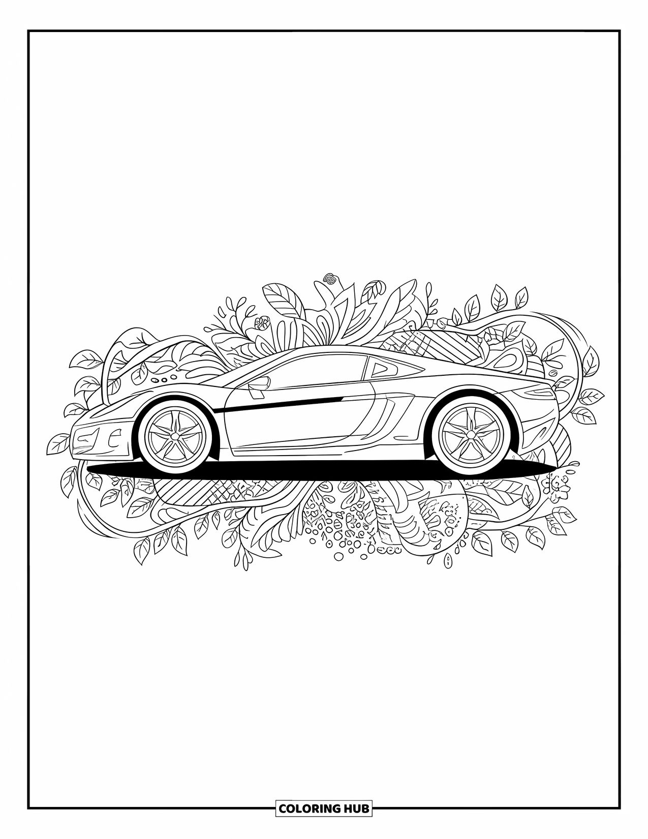 Sports Car Coloring Page for Adults: A sporty car with large wheels is wrapped in flowing leaves and floral vines