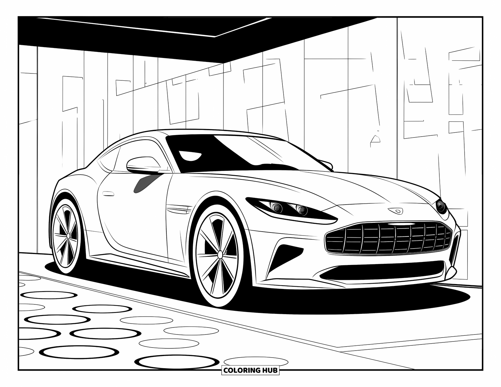 Sports Car Coloring Page for Adults: A stylish sports car with a bold grille sits under glowing lights