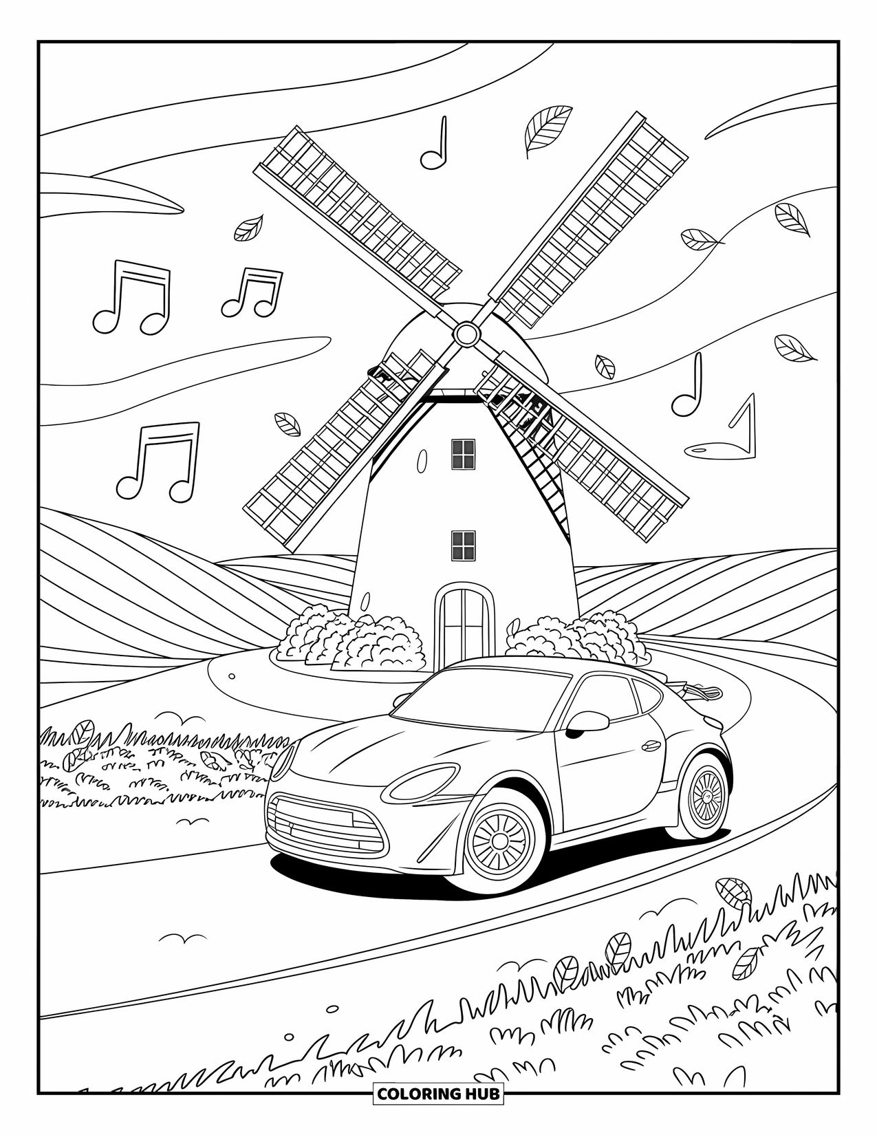 Sports Car Coloring Page for Adults: A tiny car drives past a windmill with floating leaves and musical notes