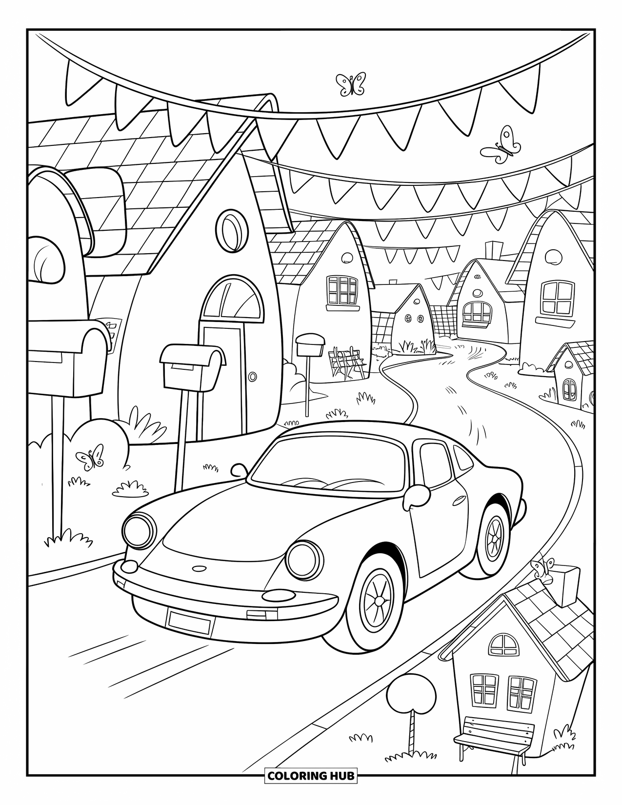 Sports Car Coloring Page for Adults: A tiny car passes bunting, butterflies, and charming village details like trees and a bench