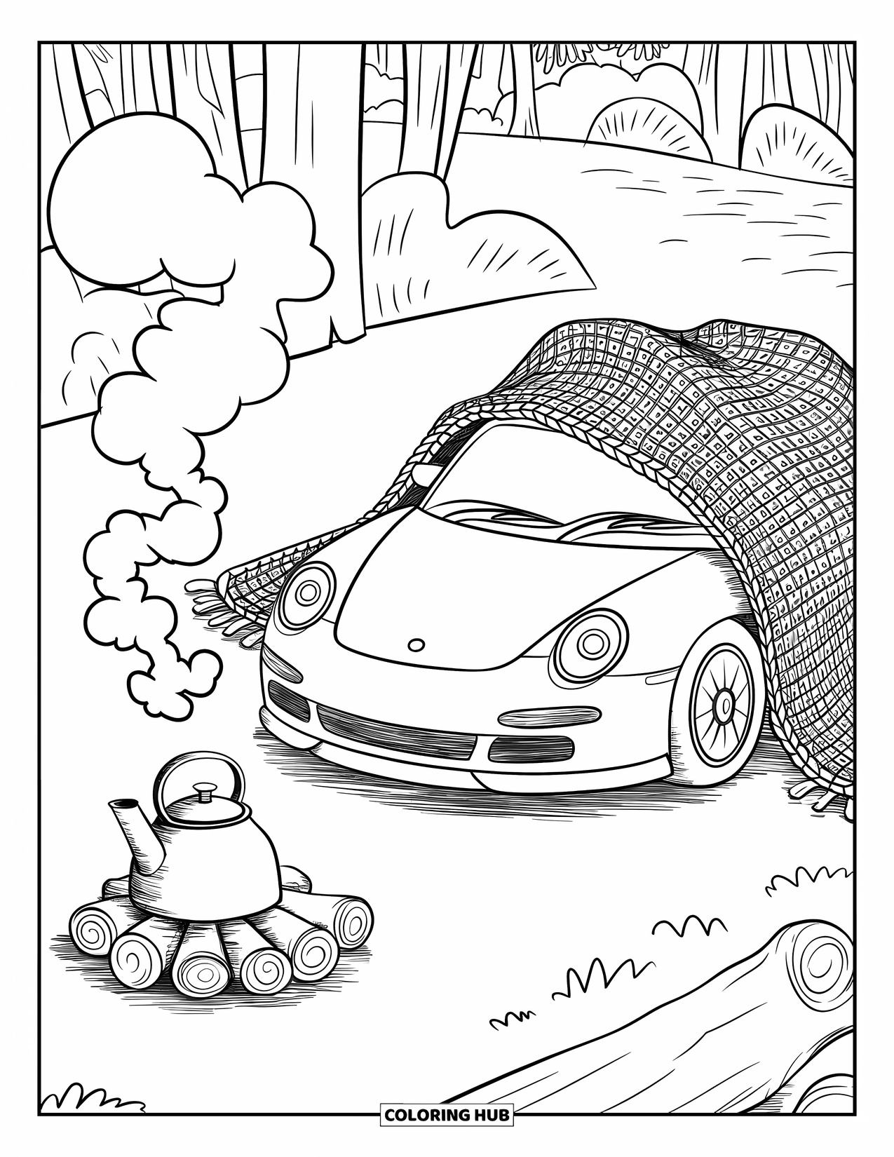 Sports Car Coloring Page for Adults: A tiny car sleeps under a blanket beside a warm fire and swirling steam clouds