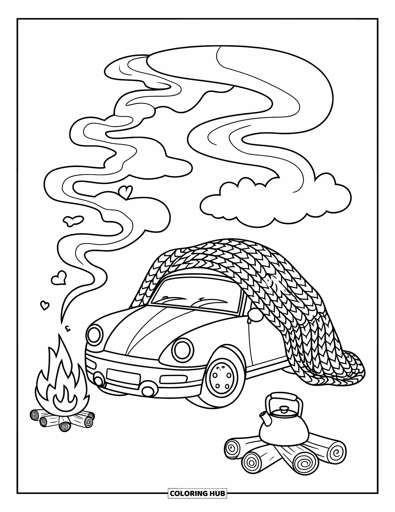 Sports Car Coloring Page for Adults: A warm car curls up near a campfire and kettle in a peaceful forest