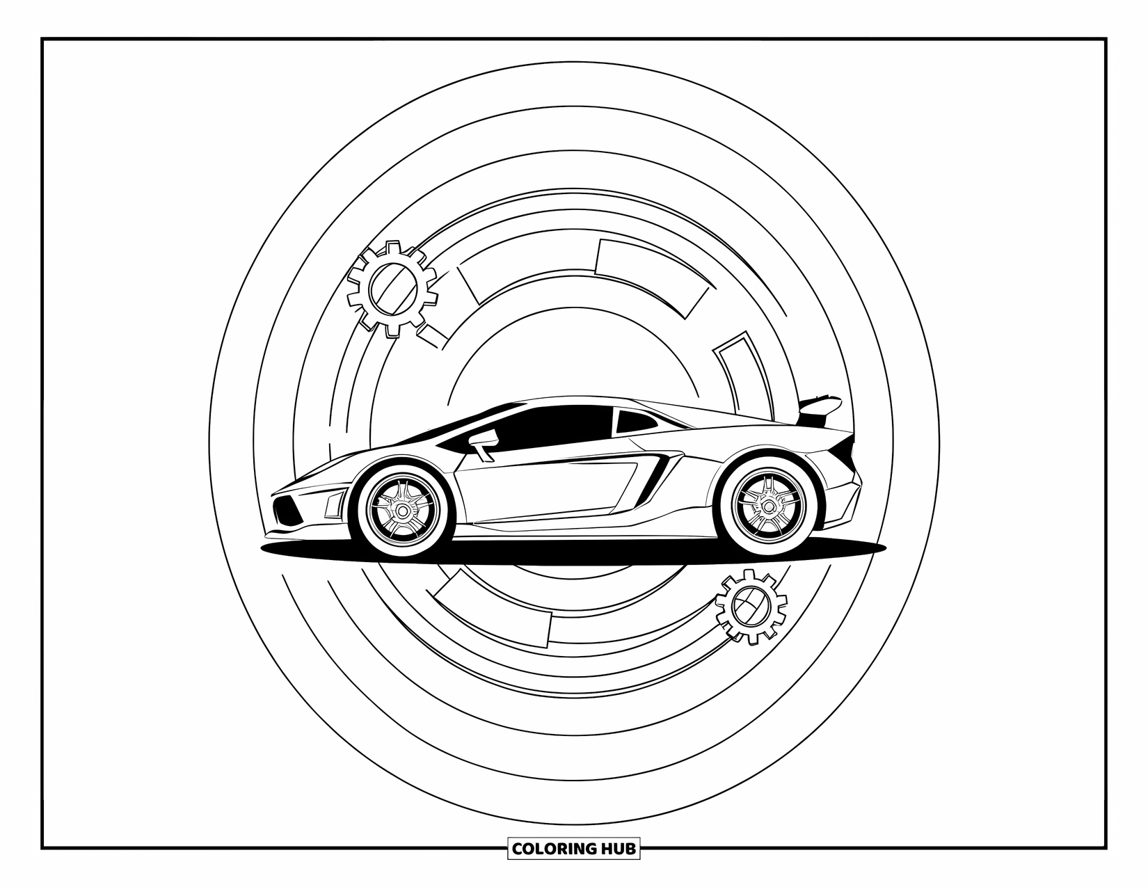 Sports Car Coloring Page for Adults: An aerodynamic car sits in layered circles filled with gears and cogs