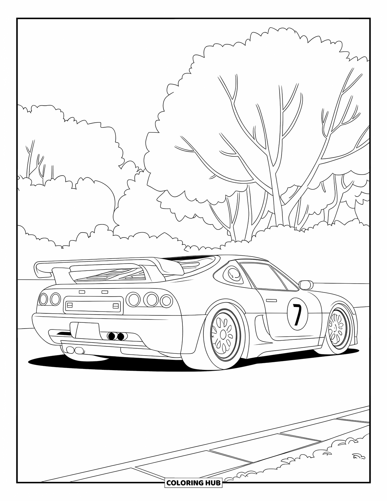 Sports Car Coloring Page for Kids: A bold car with number 7 and a spoiler is parked on an asphalt road with trees