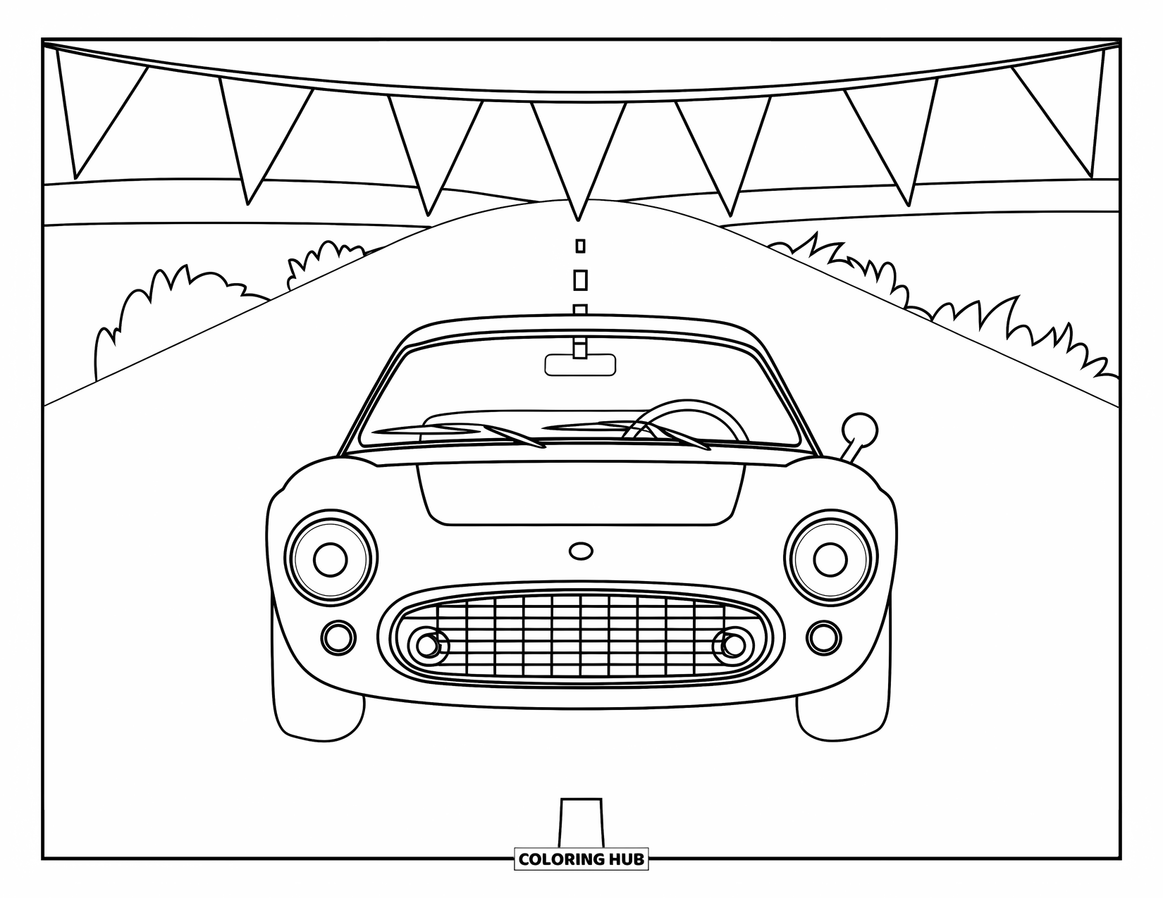 Sports Car Coloring Page for Kids: A car drives near triangle flags along a road lined with open fields