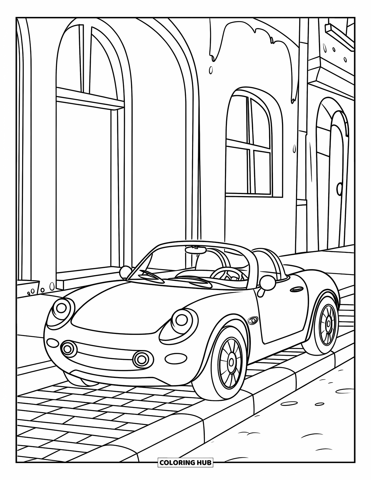 Sports Car Coloring Page for Kids: A cheerful little convertible rests on cobblestones with arched buildings in the background