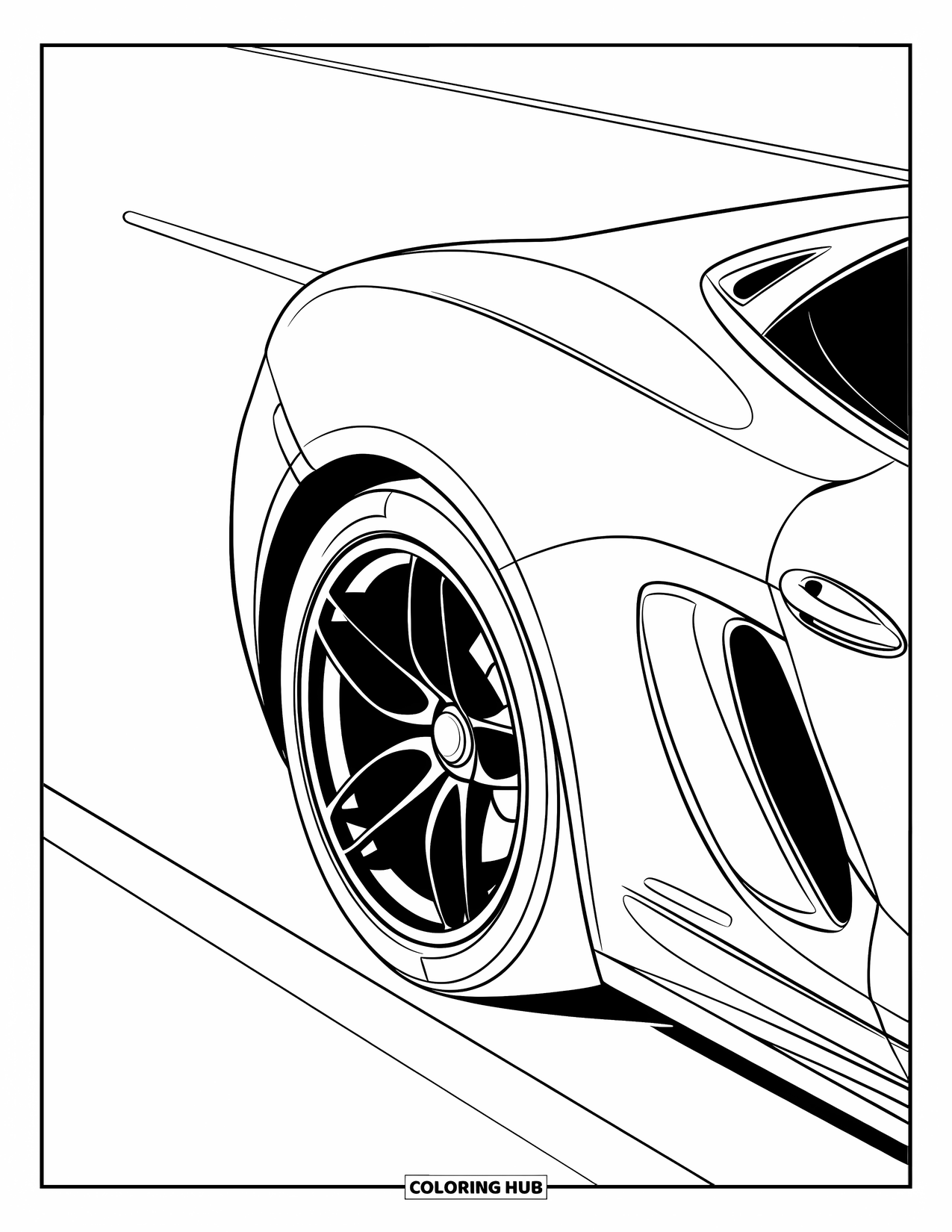 Sports Car Coloring Page for Kids: A close-up of a car wheel and side panel on a road with marked lines