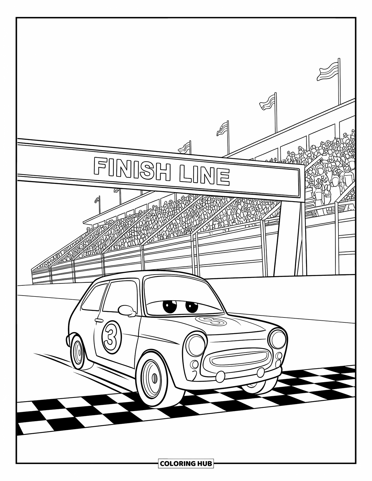 Sports Car Coloring Page for Kids: A compact race car crosses the finish line as flags wave and fans cheer