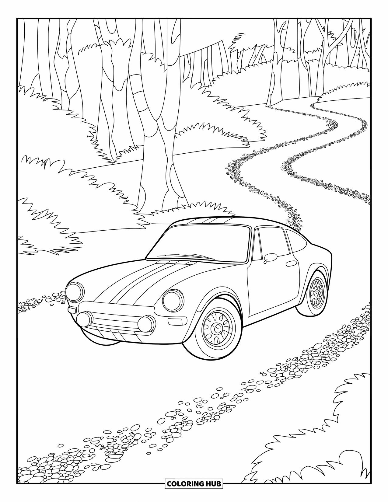 Sports Car Coloring Page for Kids: A compact rally car winds through a forest on a pebble-covered path