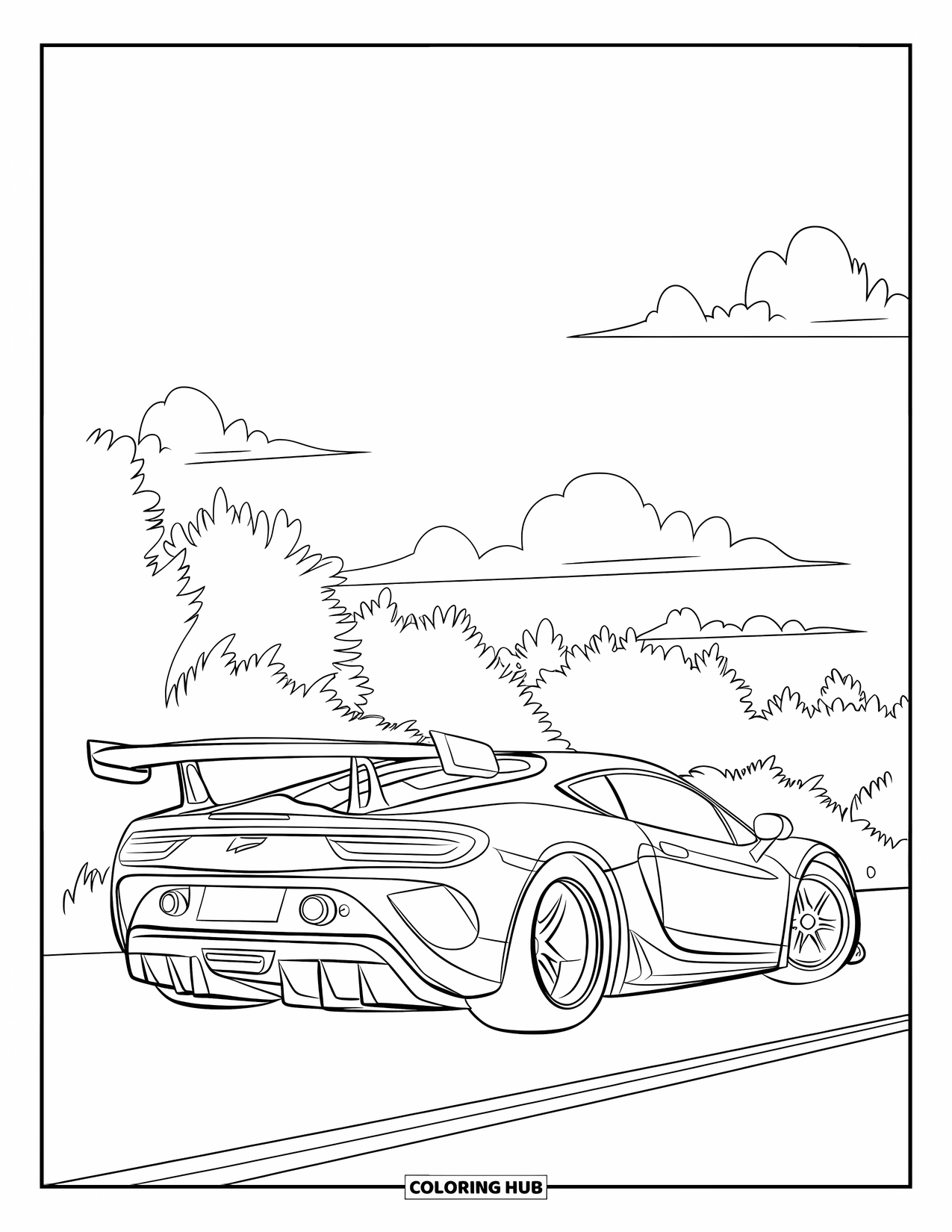 Sports Car Coloring Page for Kids: A cool car with a spoiler and number rests by the forest under a calm sky