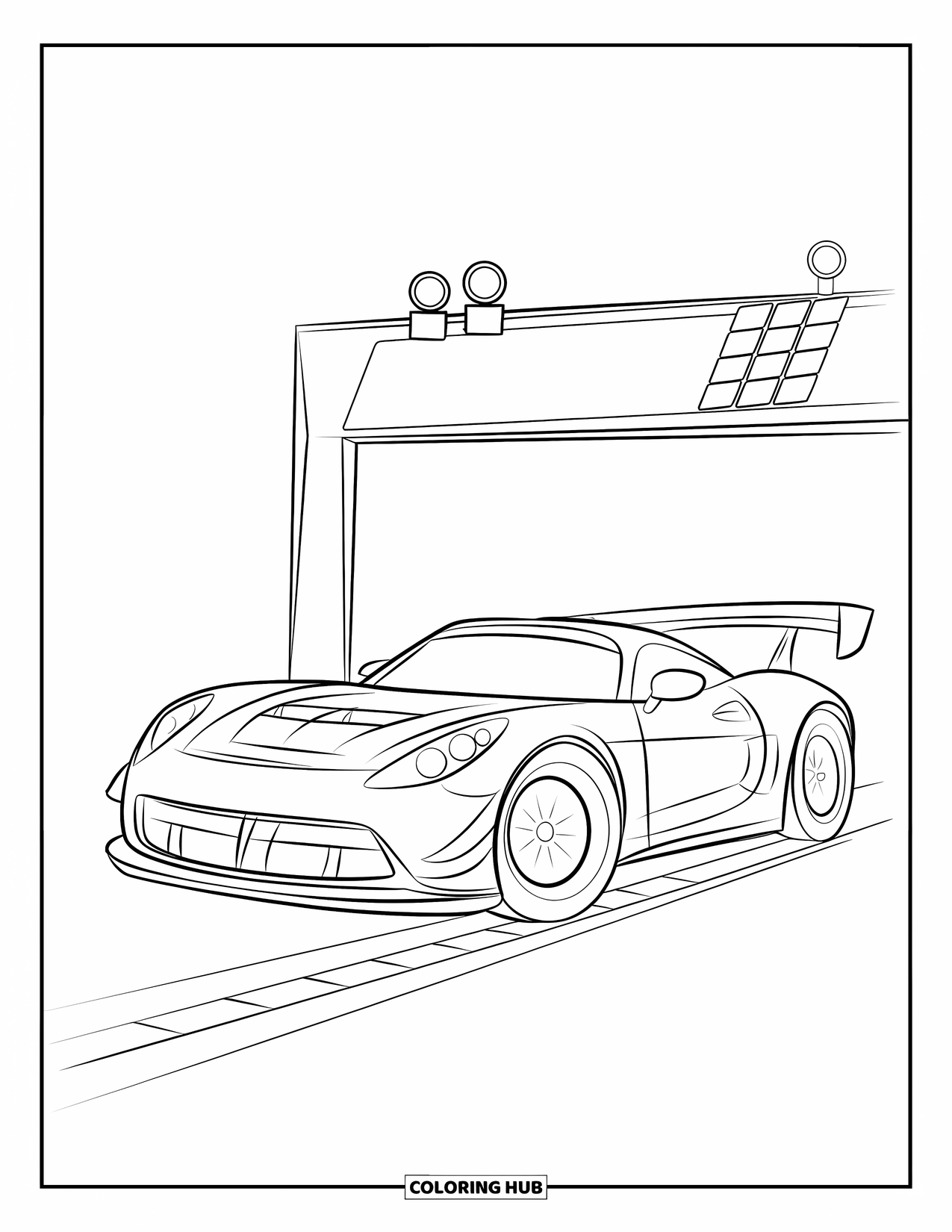 Sports Car Coloring Page for Kids: A cool sports car revs at the start line beneath racing lights