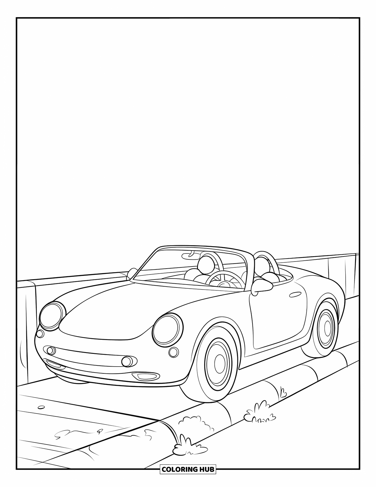 Sports Car Coloring Page for Kids: A cute convertible is parked by the curb with large round windows