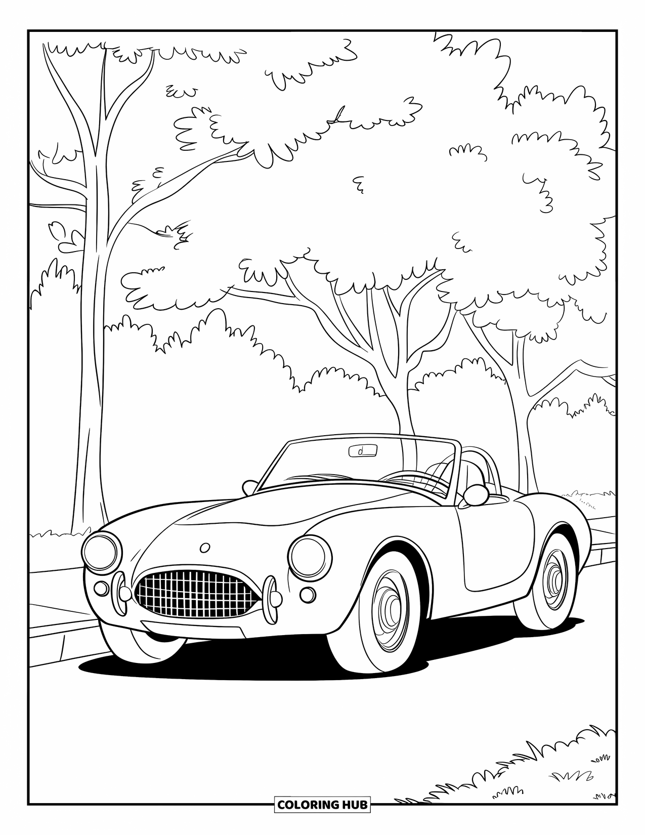 Sports Car Coloring Page for Kids: A cute convertible with big headlights is parked by the curb near trees and sidewalk