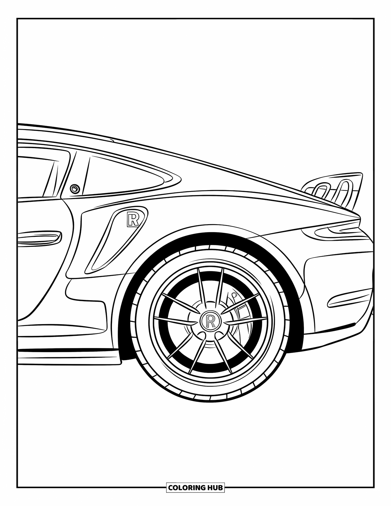 Sports Car Coloring Page for Kids: A detailed car side shows a badge, treaded wheel, and smooth glossy lines