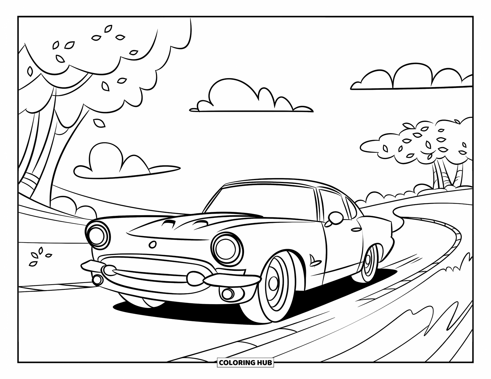 Sports Car Coloring Page for Kids: A fast car speeds down a curvy road lined with trees and a clear sky above