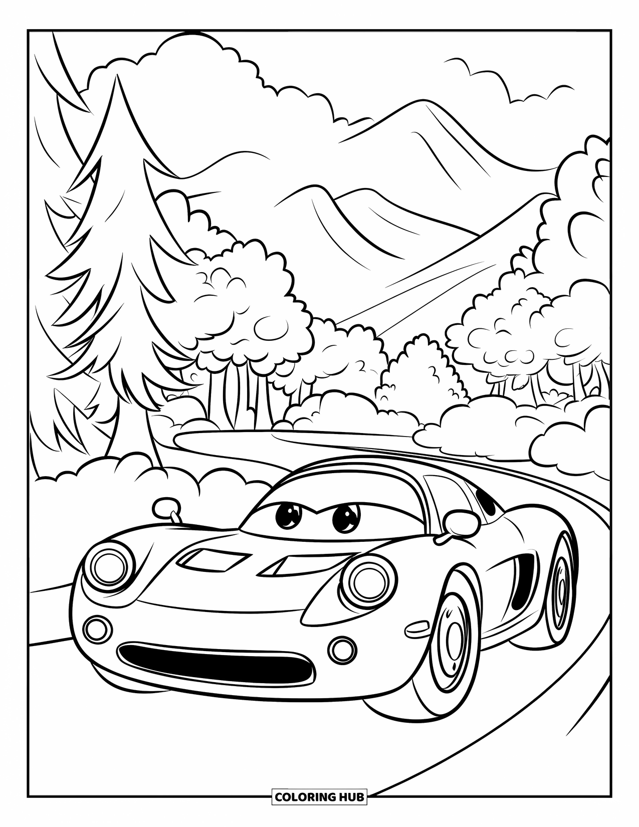 Sports Car Coloring Page for Kids: A happy, cartoon car rests on a forest road with mountains and clouds behind it