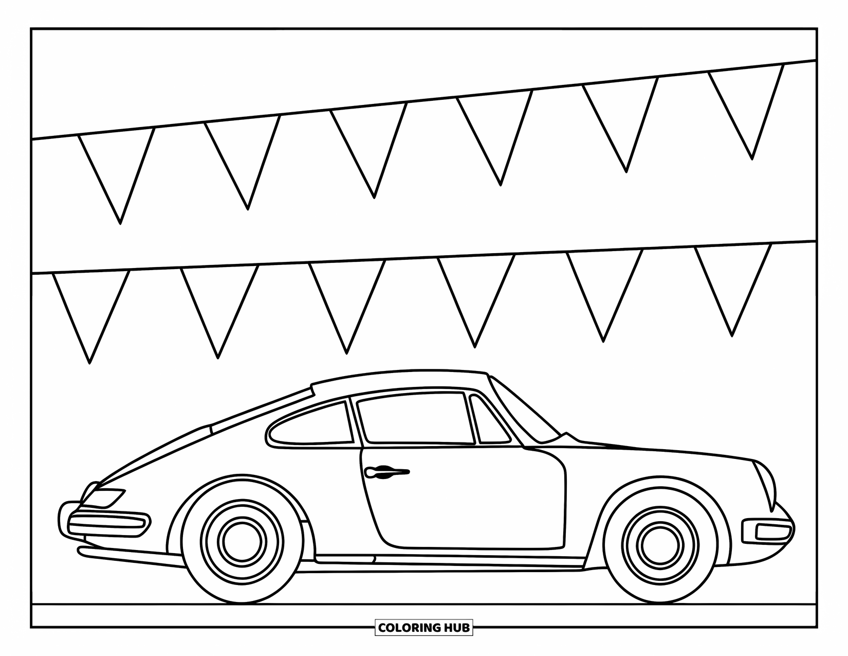 Sports Car Coloring Page for Kids: A little car sits beneath triangle flags with a cheerful, playful feel